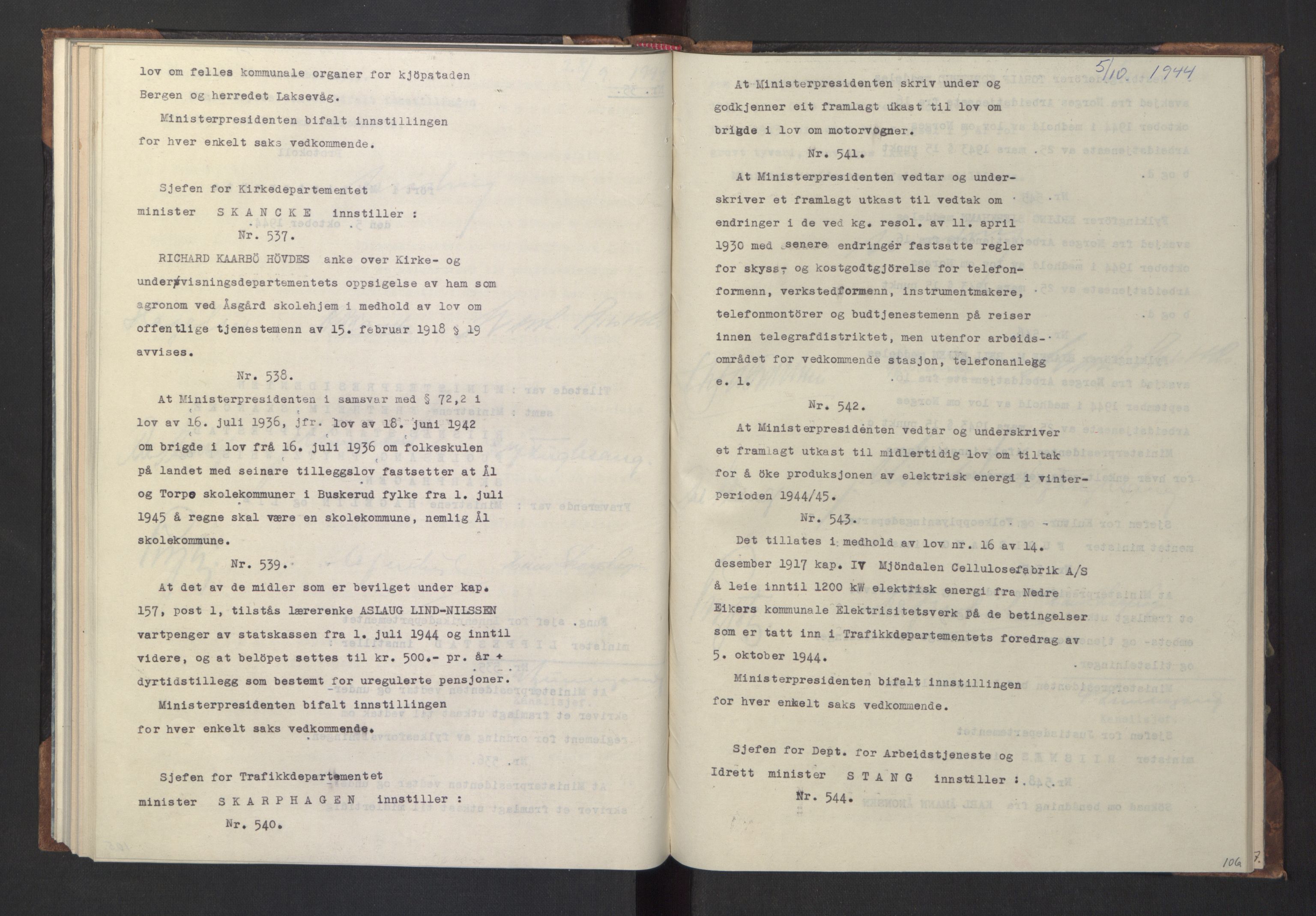 NS-administrasjonen 1940-1945 (Statsrådsekretariatet, de kommisariske statsråder mm), AV/RA-S-4279/D/Da/L0005: Protokoll fra ministermøter, 1944, p. 108