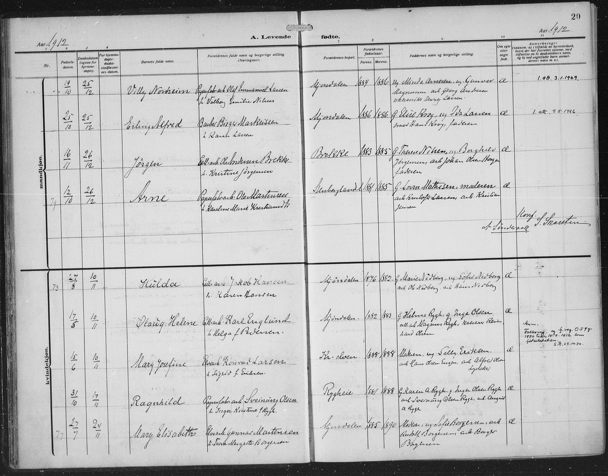 Nedre Eiker kirkebøker, AV/SAKO-A-612/F/Fa/L0007: Parish register (official) no. 7, 1912-1918, p. 20