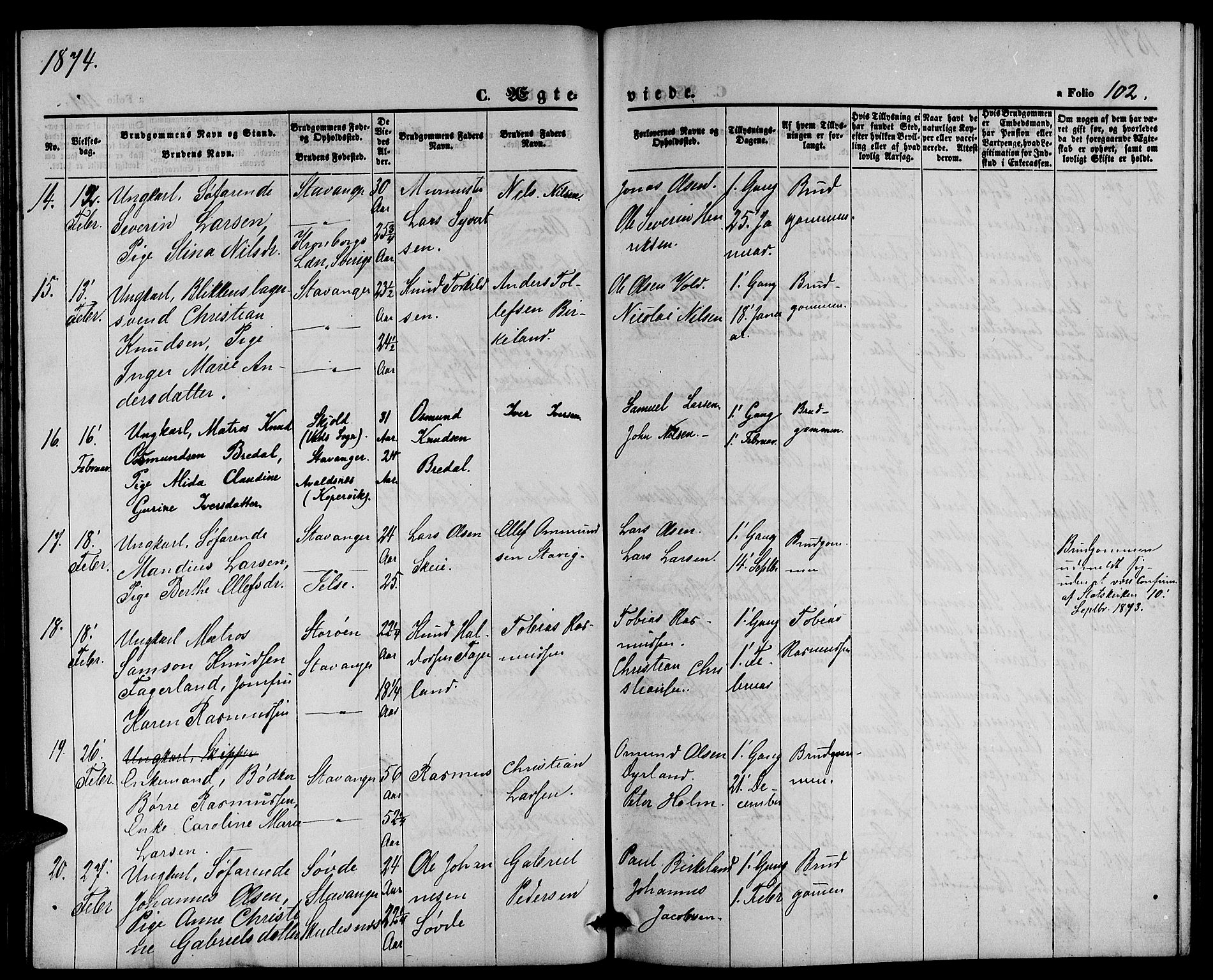 St. Petri sokneprestkontor, AV/SAST-A-101813/001/30/30BB/L0002: Parish register (copy) no. B 2, 1865-1885, p. 102