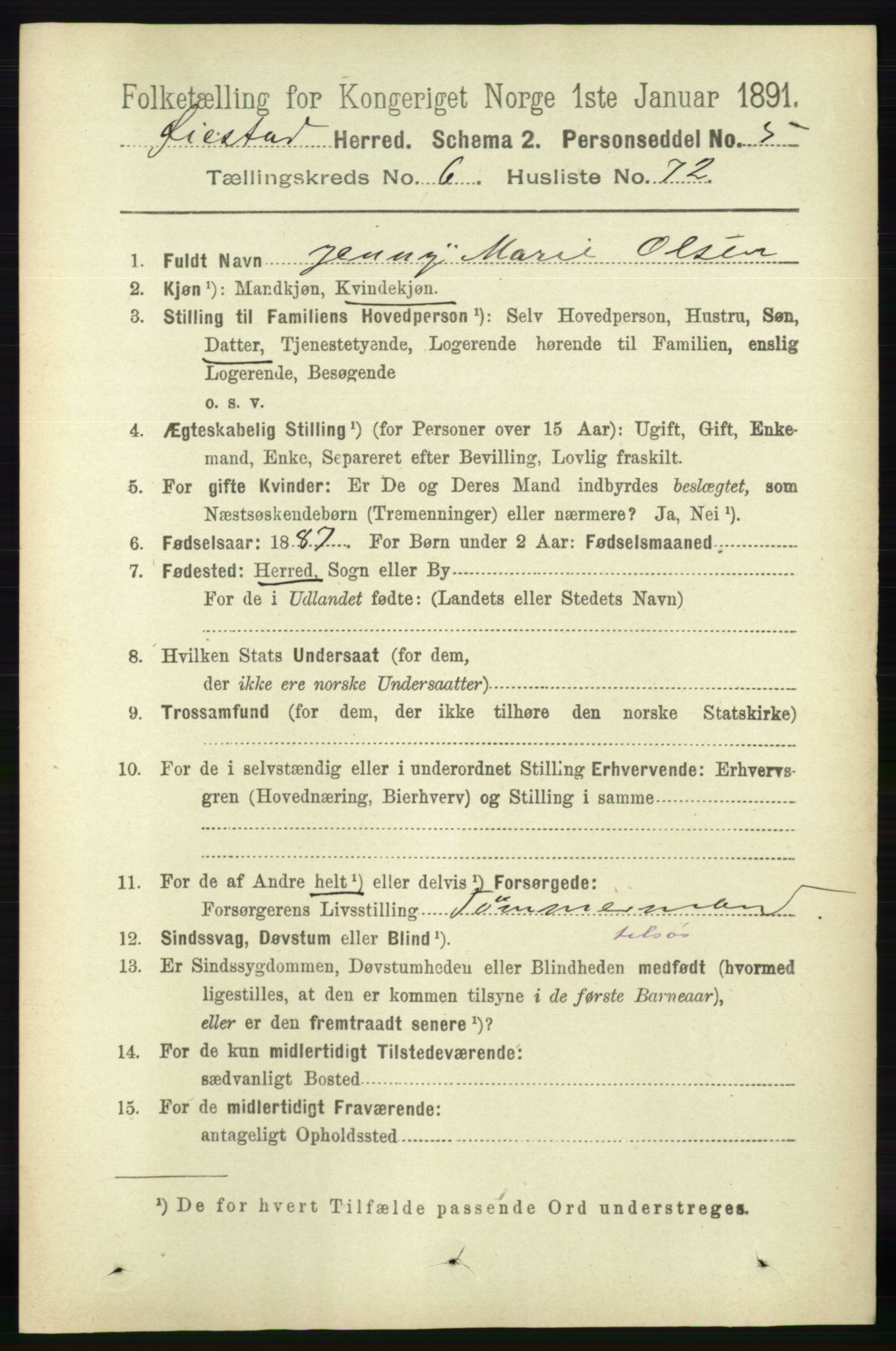 RA, 1891 census for 0920 Øyestad, 1891, p. 2545