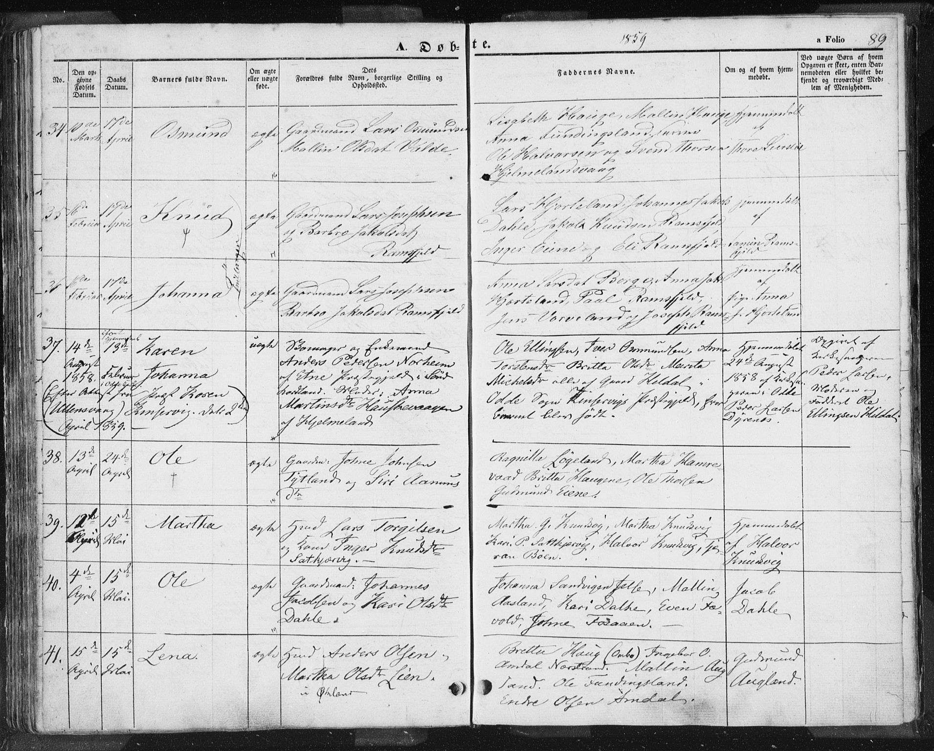 Hjelmeland sokneprestkontor, AV/SAST-A-101843/01/IV/L0009: Parish register (official) no. A 9, 1846-1860, p. 89