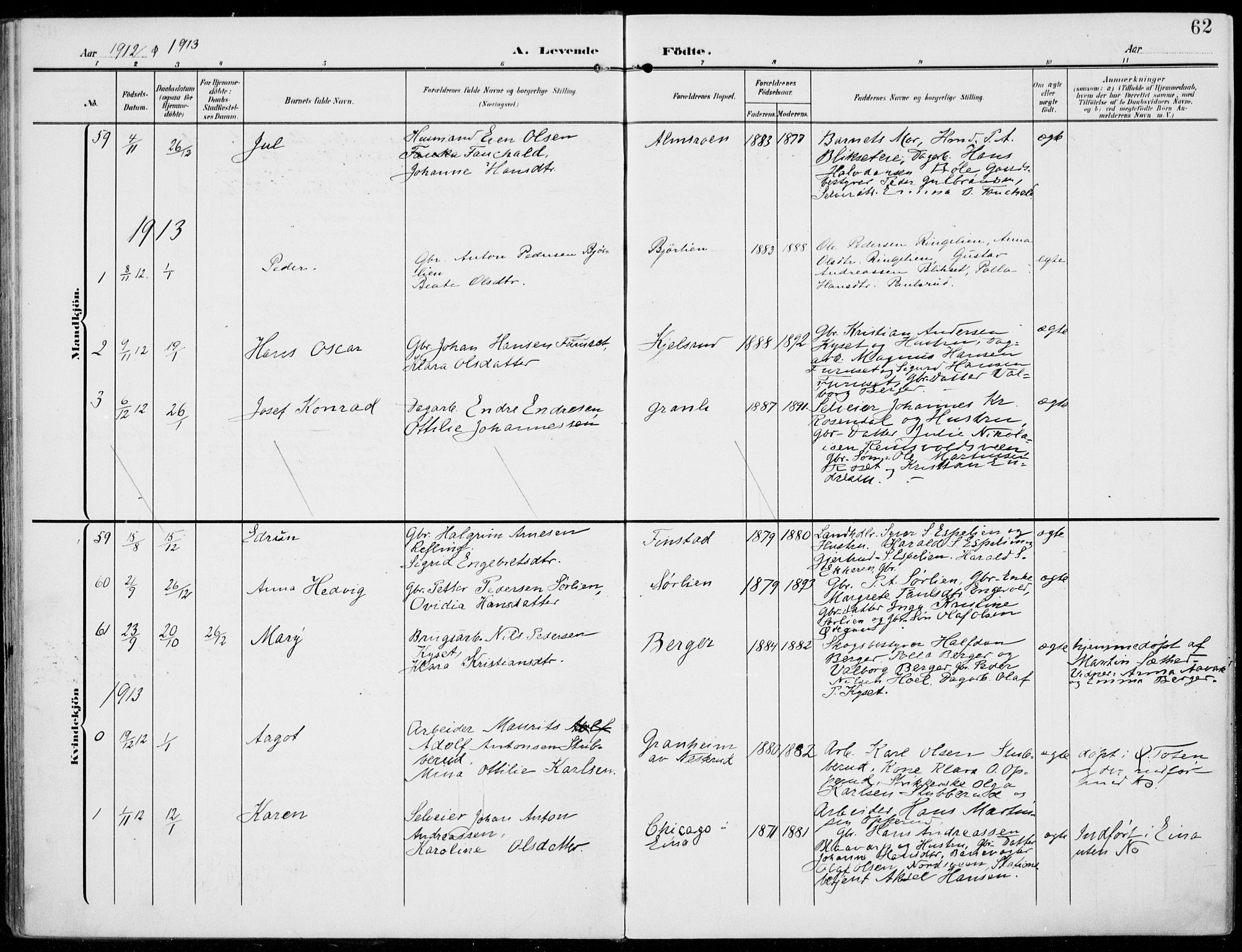 Vestre Toten prestekontor, SAH/PREST-108/H/Ha/Haa/L0014: Parish register (official) no. 14, 1907-1920, p. 62