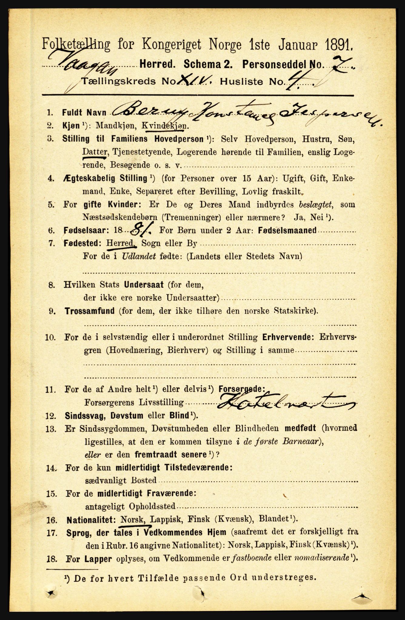 RA, 1891 census for 1865 Vågan, 1891, p. 3681