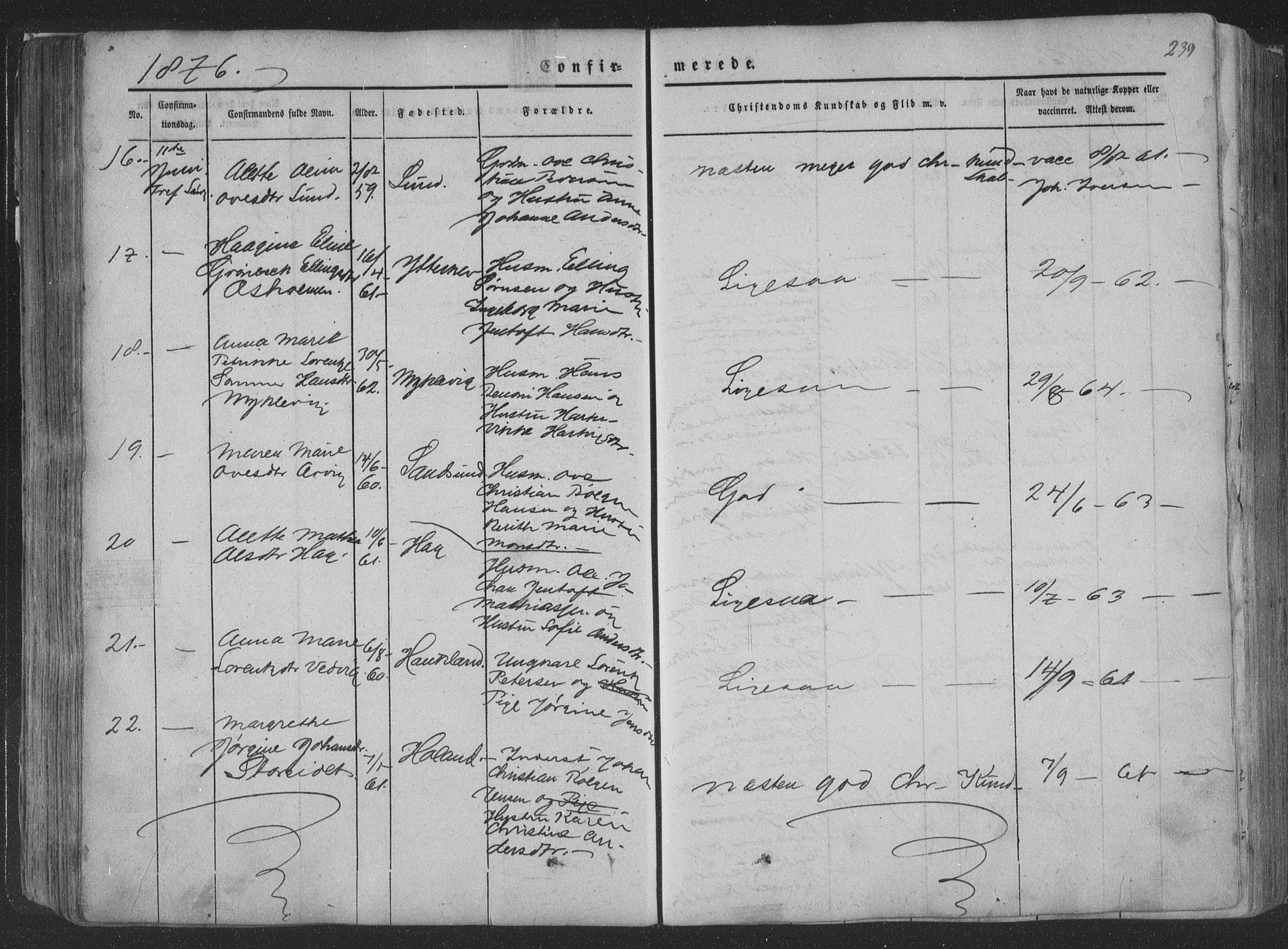 Ministerialprotokoller, klokkerbøker og fødselsregistre - Nordland, AV/SAT-A-1459/881/L1165: Parish register (copy) no. 881C02, 1854-1876, p. 239