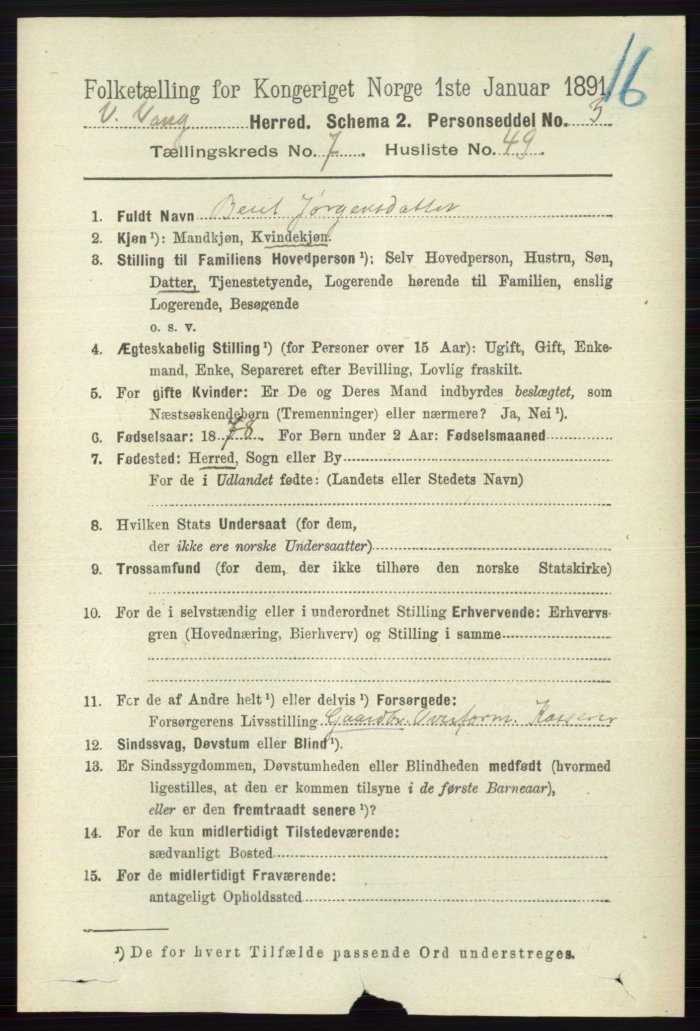 RA, 1891 census for 0545 Vang, 1891, p. 1711