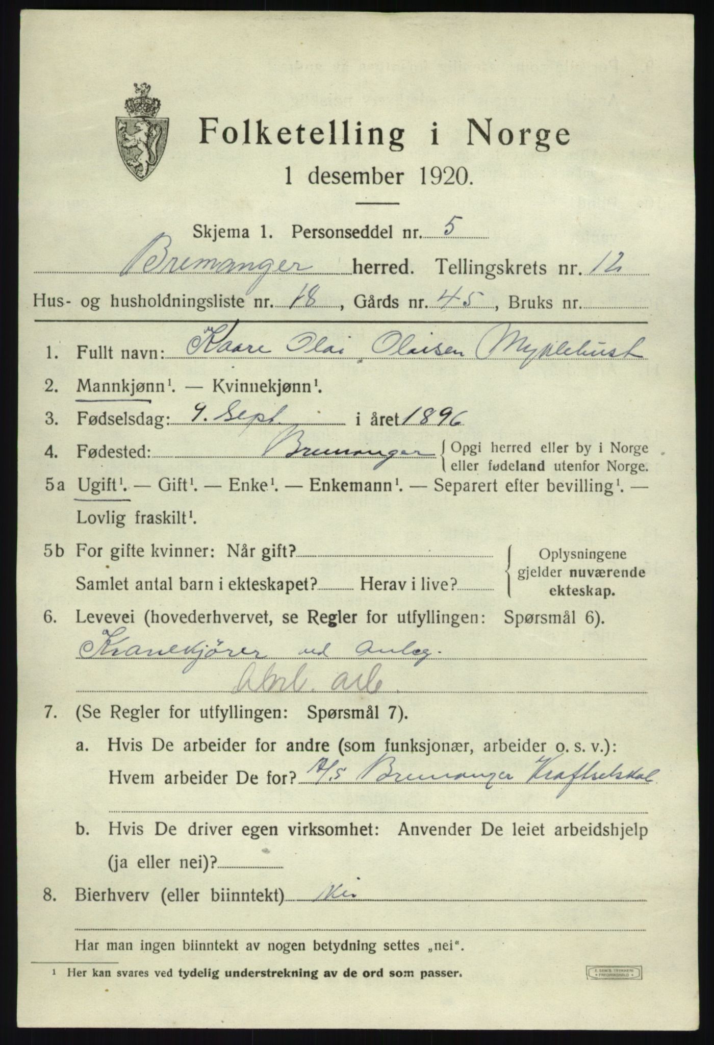 SAB, 1920 census for Bremanger, 1920, p. 6744