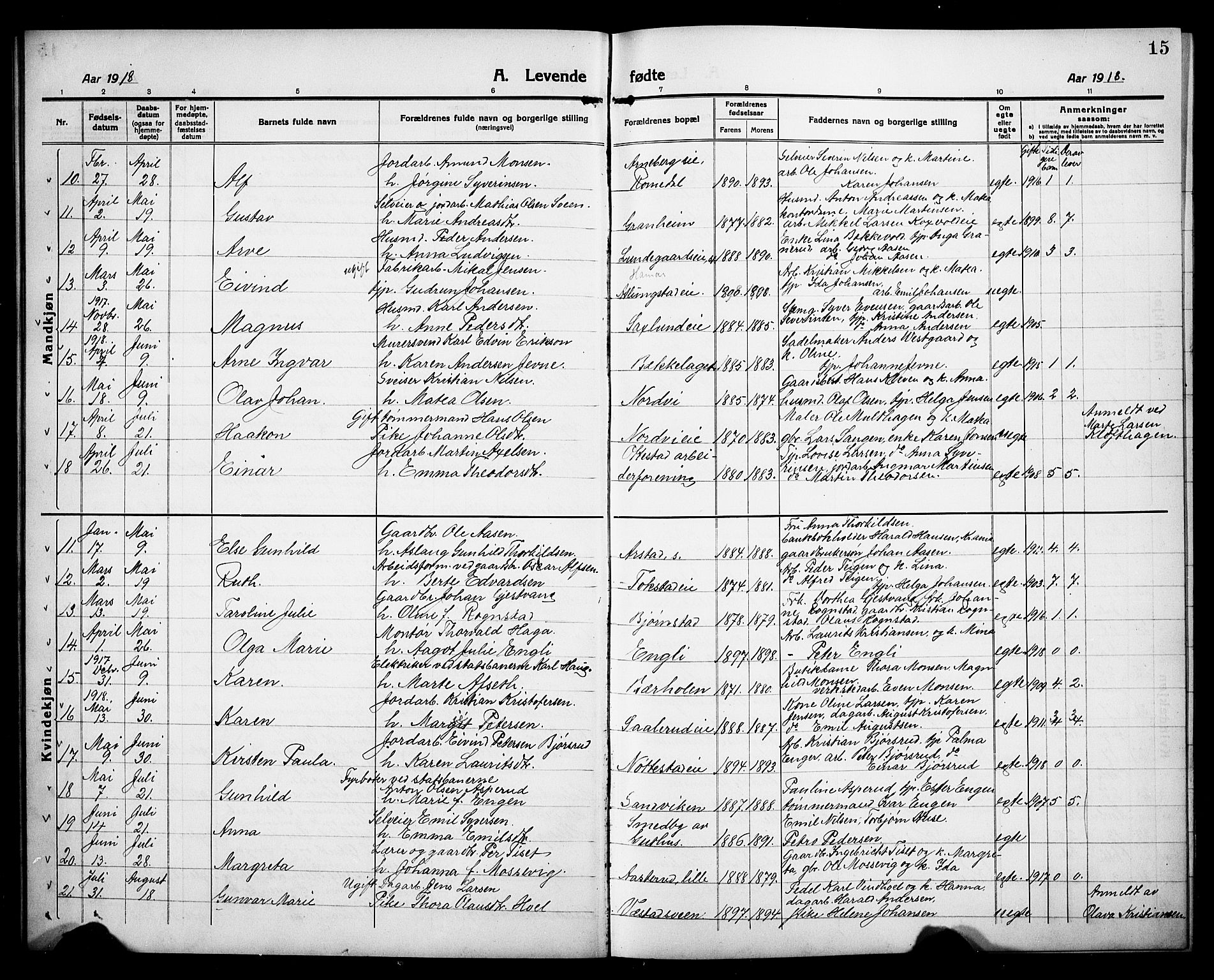 Stange prestekontor, AV/SAH-PREST-002/L/L0015: Parish register (copy) no. 15, 1916-1928, p. 15