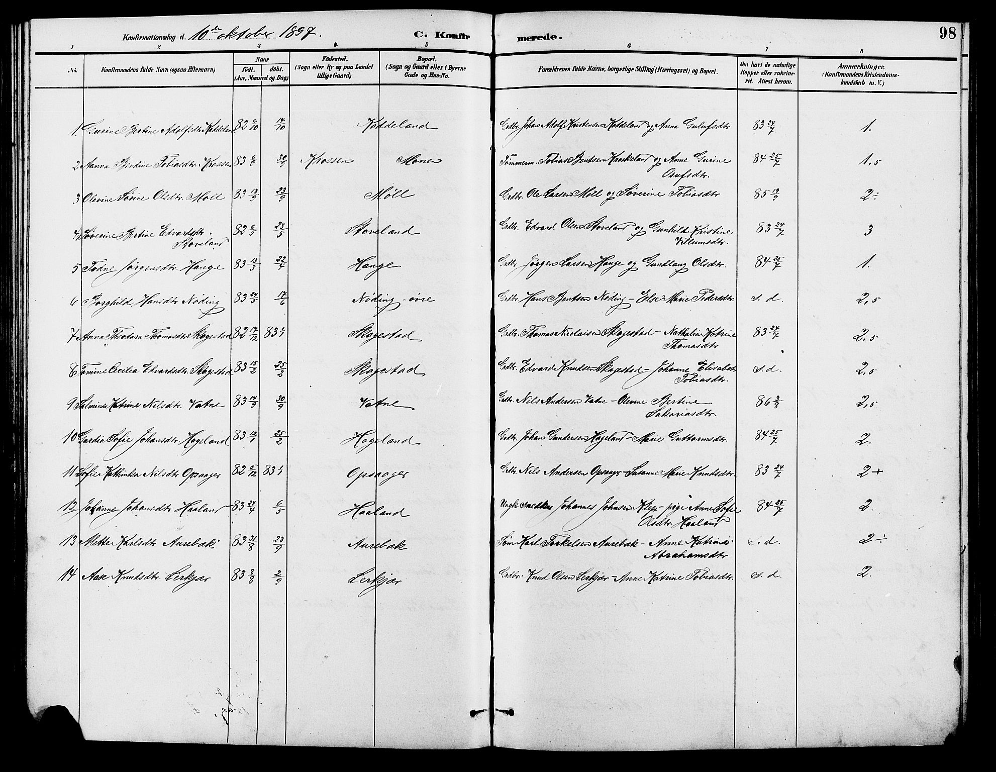 Holum sokneprestkontor, SAK/1111-0022/F/Fb/Fba/L0005: Parish register (copy) no. B 5, 1891-1909, p. 98