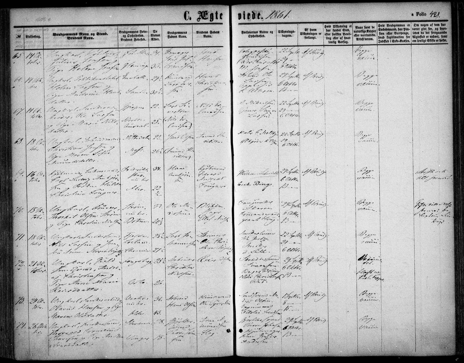 Oslo domkirke Kirkebøker, SAO/A-10752/F/Fa/L0020: Parish register (official) no. 20, 1848-1865, p. 421