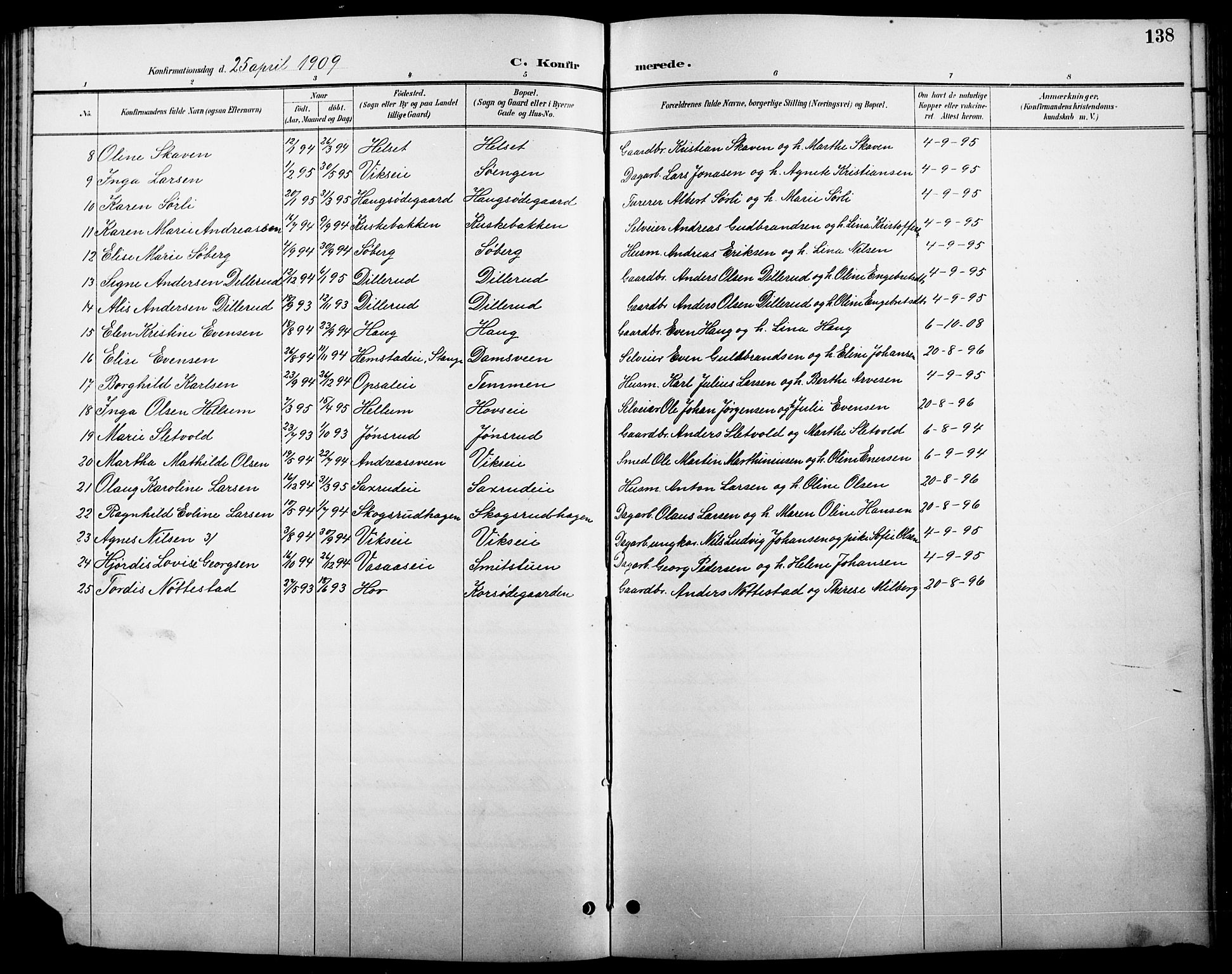 Stange prestekontor, SAH/PREST-002/L/L0011: Parish register (copy) no. 11, 1895-1917, p. 138