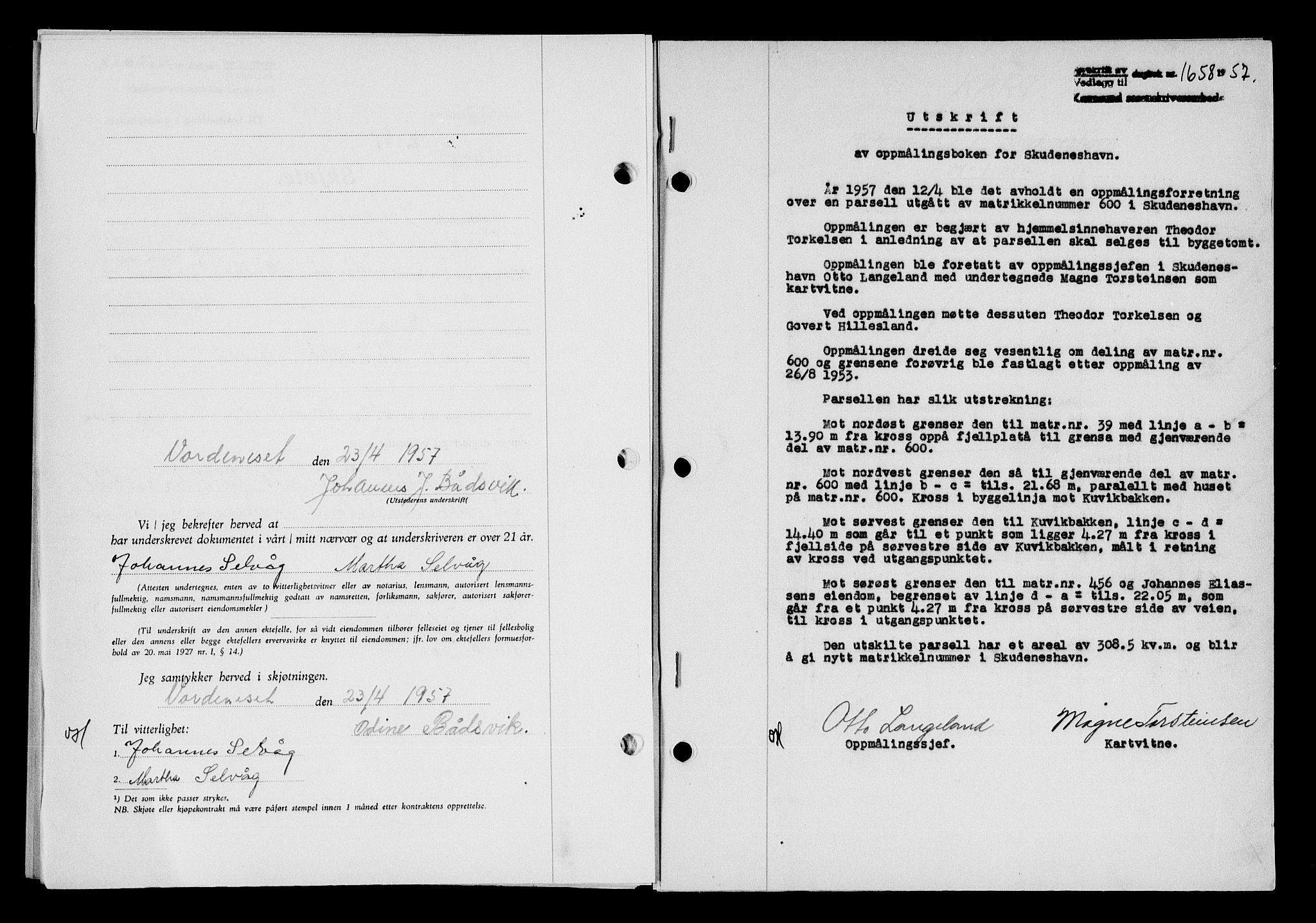 Karmsund sorenskriveri, AV/SAST-A-100311/01/II/IIB/L0125: Mortgage book no. 105A, 1957-1957, Diary no: : 1658/1957