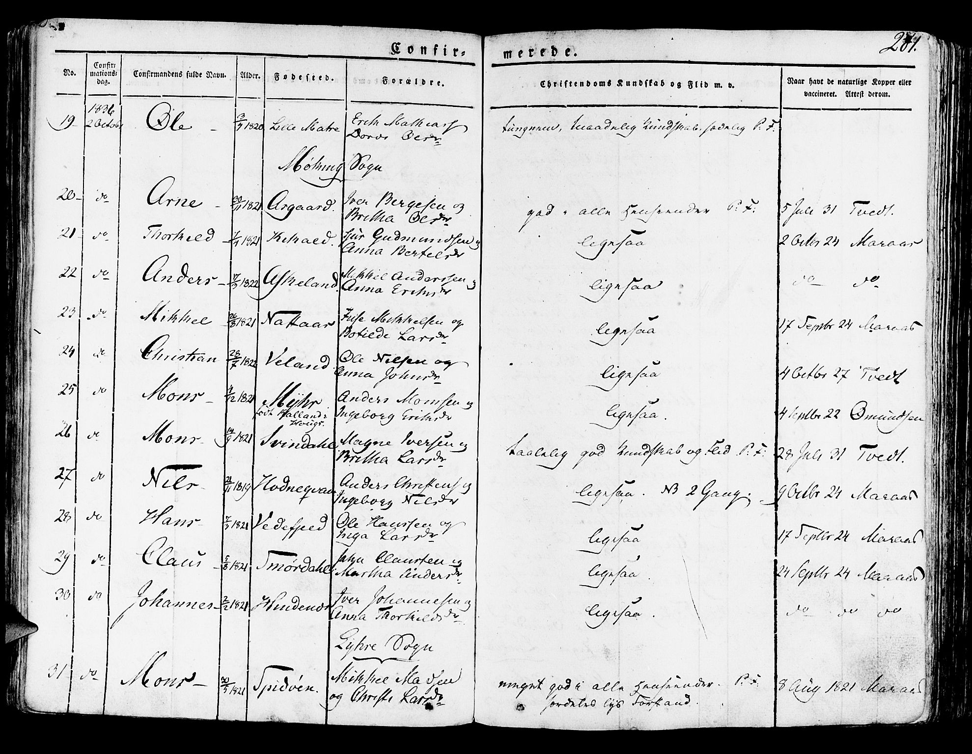 Lindås Sokneprestembete, SAB/A-76701/H/Haa: Parish register (official) no. A 8, 1823-1836, p. 281