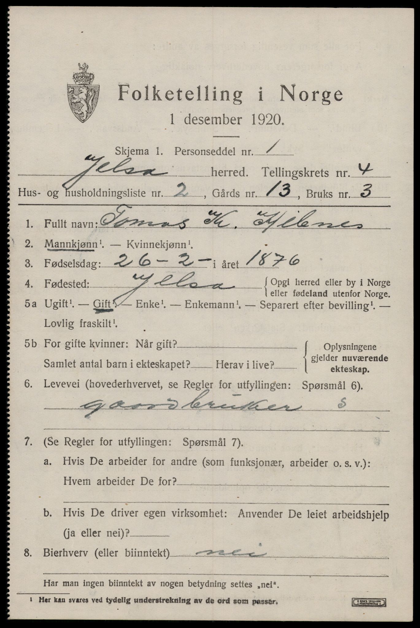 SAST, 1920 census for Jelsa, 1920, p. 1184