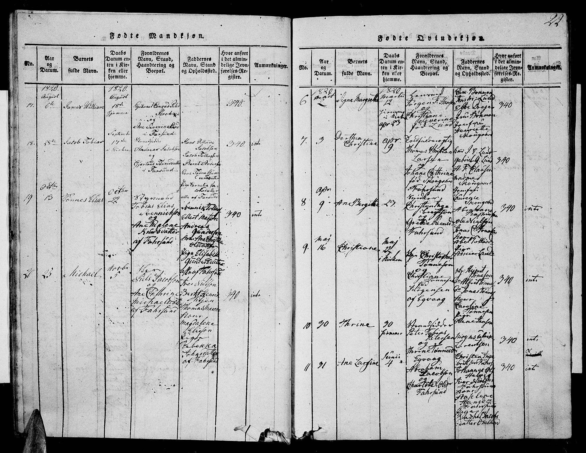 Farsund sokneprestkontor, AV/SAK-1111-0009/F/Fa/L0002: Parish register (official) no. A 2, 1815-1836, p. 22
