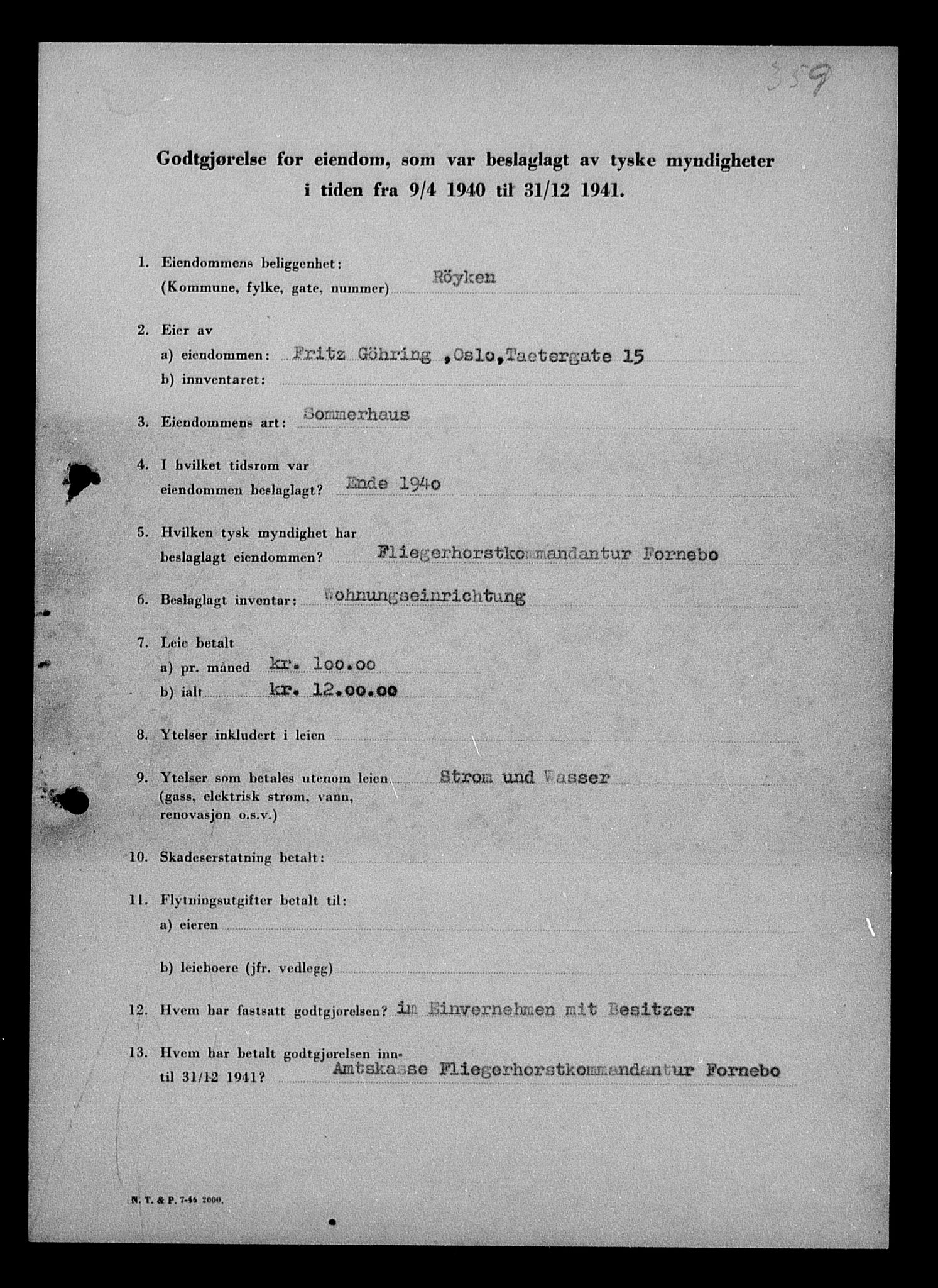 Justisdepartementet, Tilbakeføringskontoret for inndratte formuer, AV/RA-S-1564/I/L1012: Godtgjørelse for beslaglagt eiendom, 1940-1941, p. 427