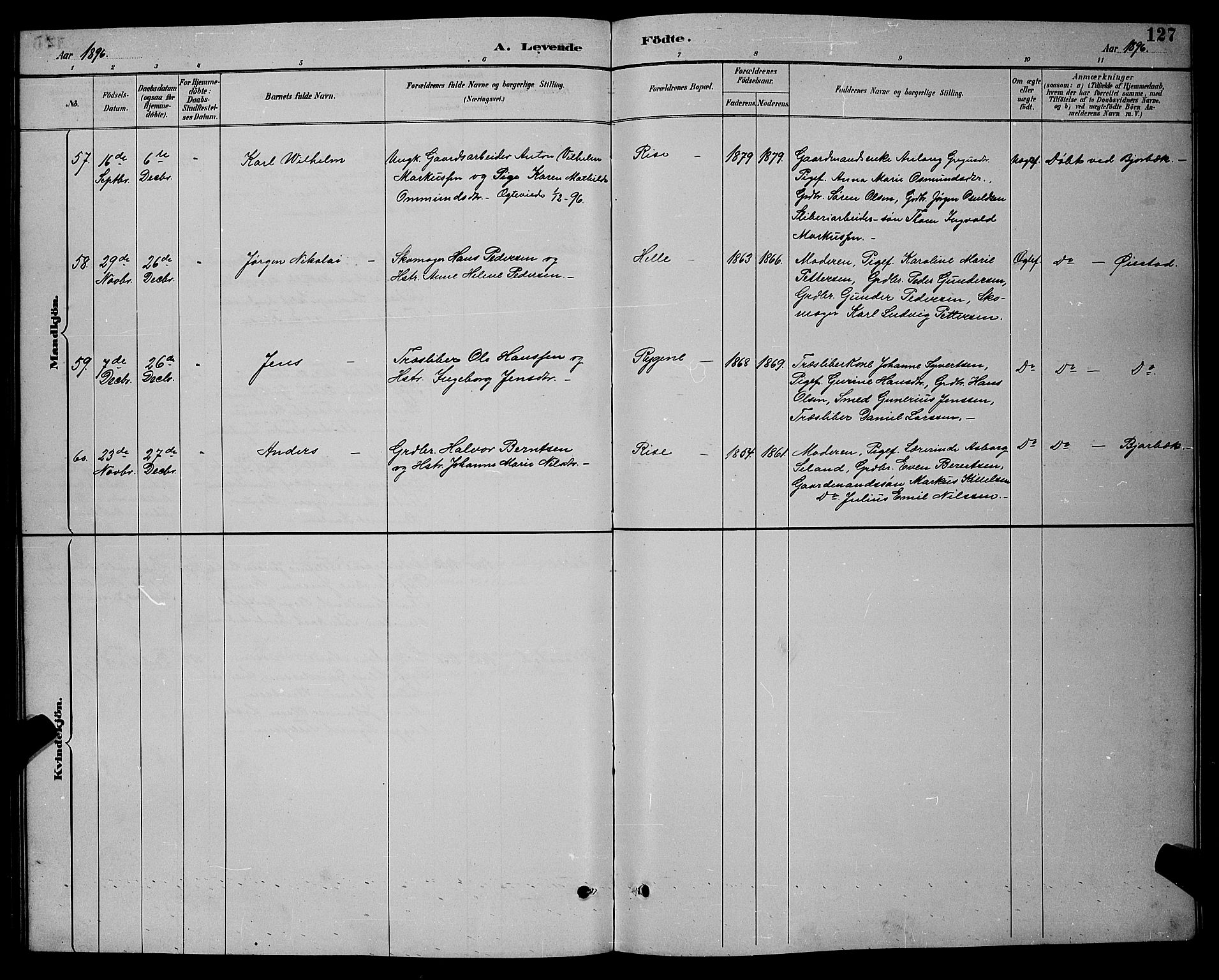 Øyestad sokneprestkontor, AV/SAK-1111-0049/F/Fb/L0009: Parish register (copy) no. B 9, 1886-1896, p. 127