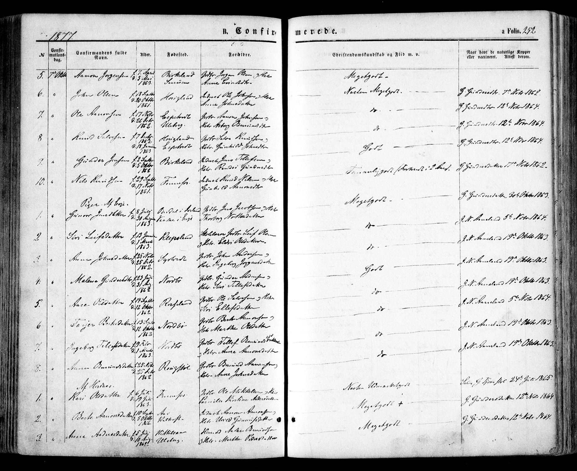 Evje sokneprestkontor, SAK/1111-0008/F/Fa/Faa/L0006: Parish register (official) no. A 6, 1866-1884, p. 252