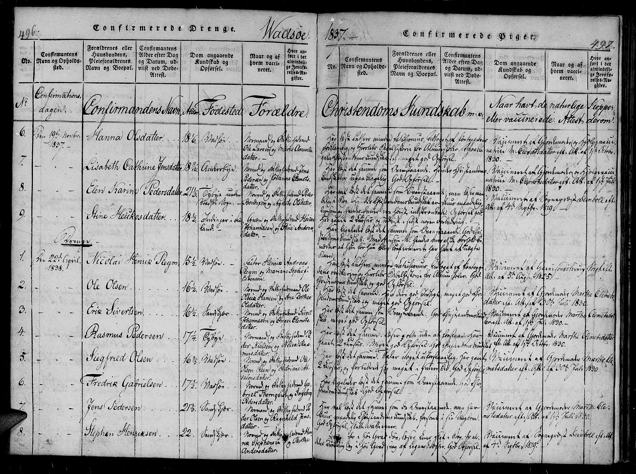 Vadsø sokneprestkontor, SATØ/S-1325/H/Ha/L0003kirke: Parish register (official) no. 3 /1, 1821-1839, p. 496-497