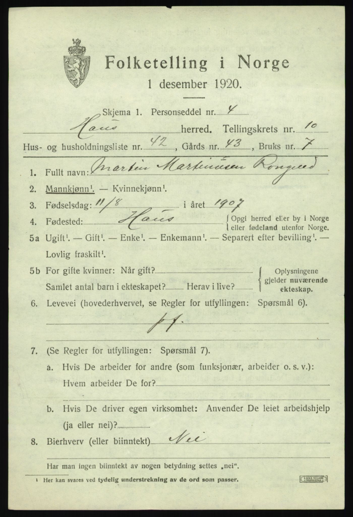 SAB, 1920 census for Haus, 1920, p. 6707