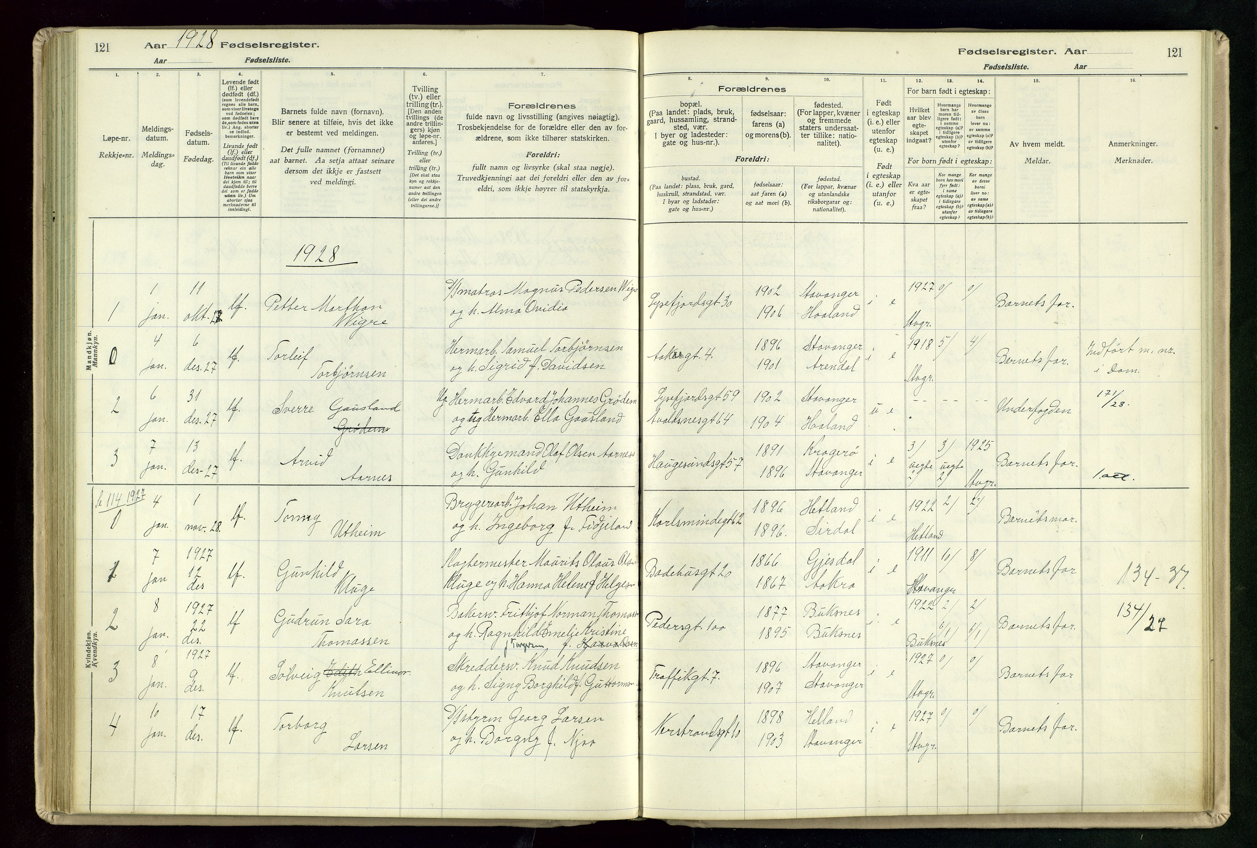 St. Johannes sokneprestkontor, SAST/A-101814/002/A/L0003: Birth register no. 3, 1924-1930, p. 121