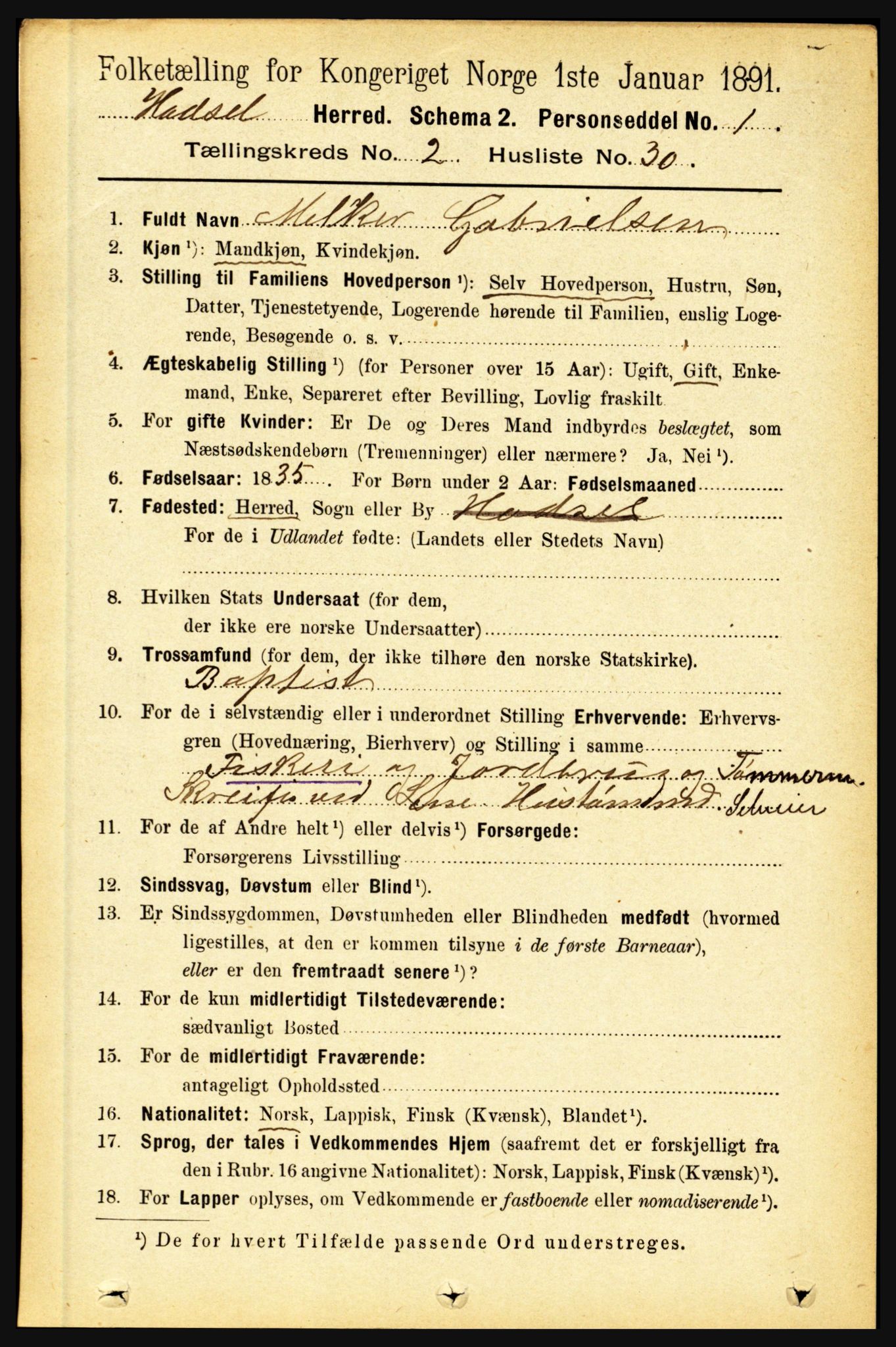 RA, 1891 census for 1866 Hadsel, 1891, p. 840