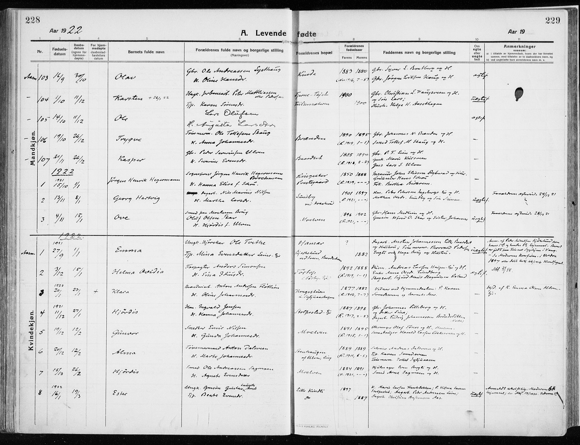 Ringsaker prestekontor, SAH/PREST-014/K/Ka/L0020: Parish register (official) no. 20, 1913-1922, p. 228-229
