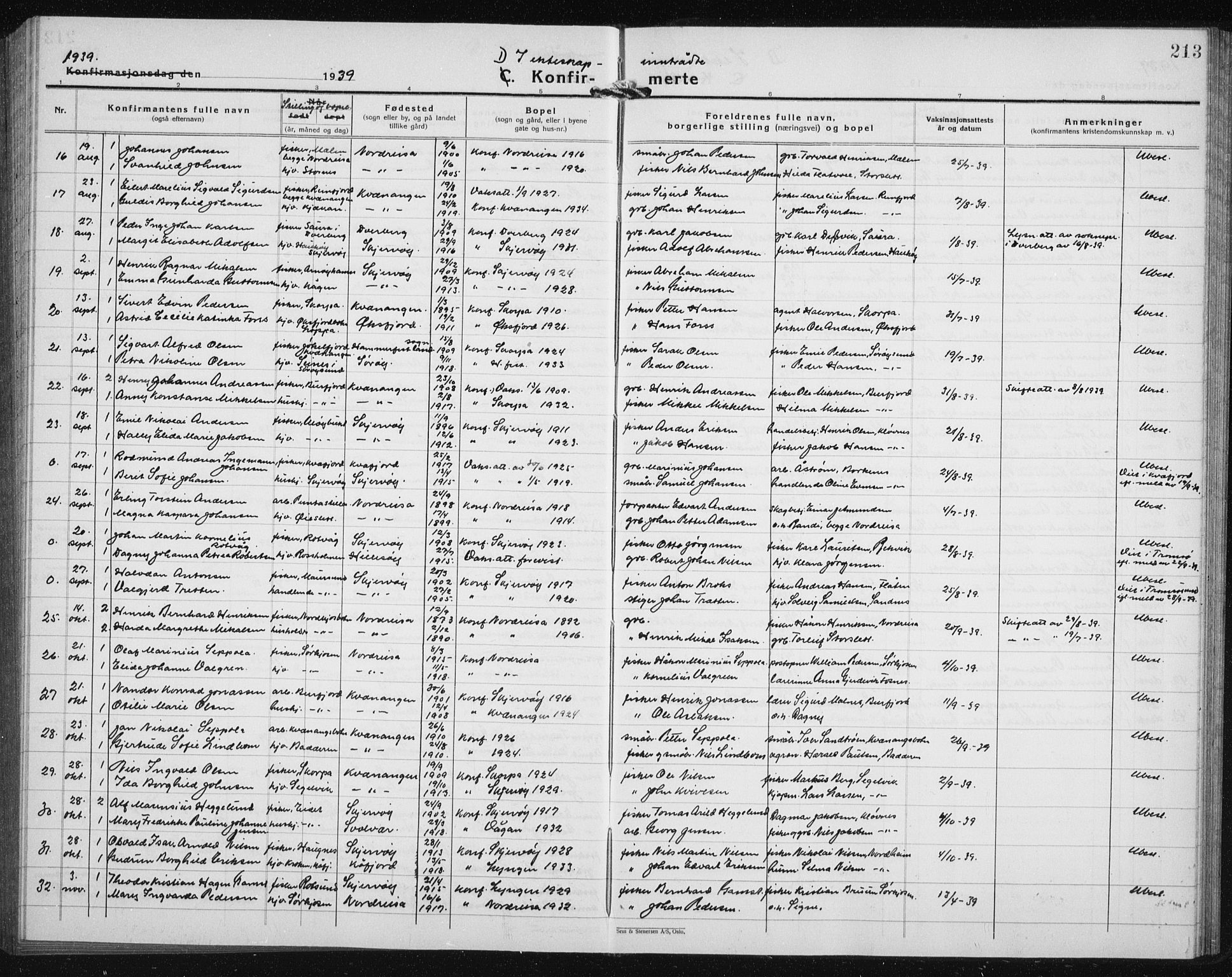 Skjervøy sokneprestkontor, AV/SATØ-S-1300/H/Ha/Hab/L0010klokker: Parish register (copy) no. 10, 1927-1941, p. 213