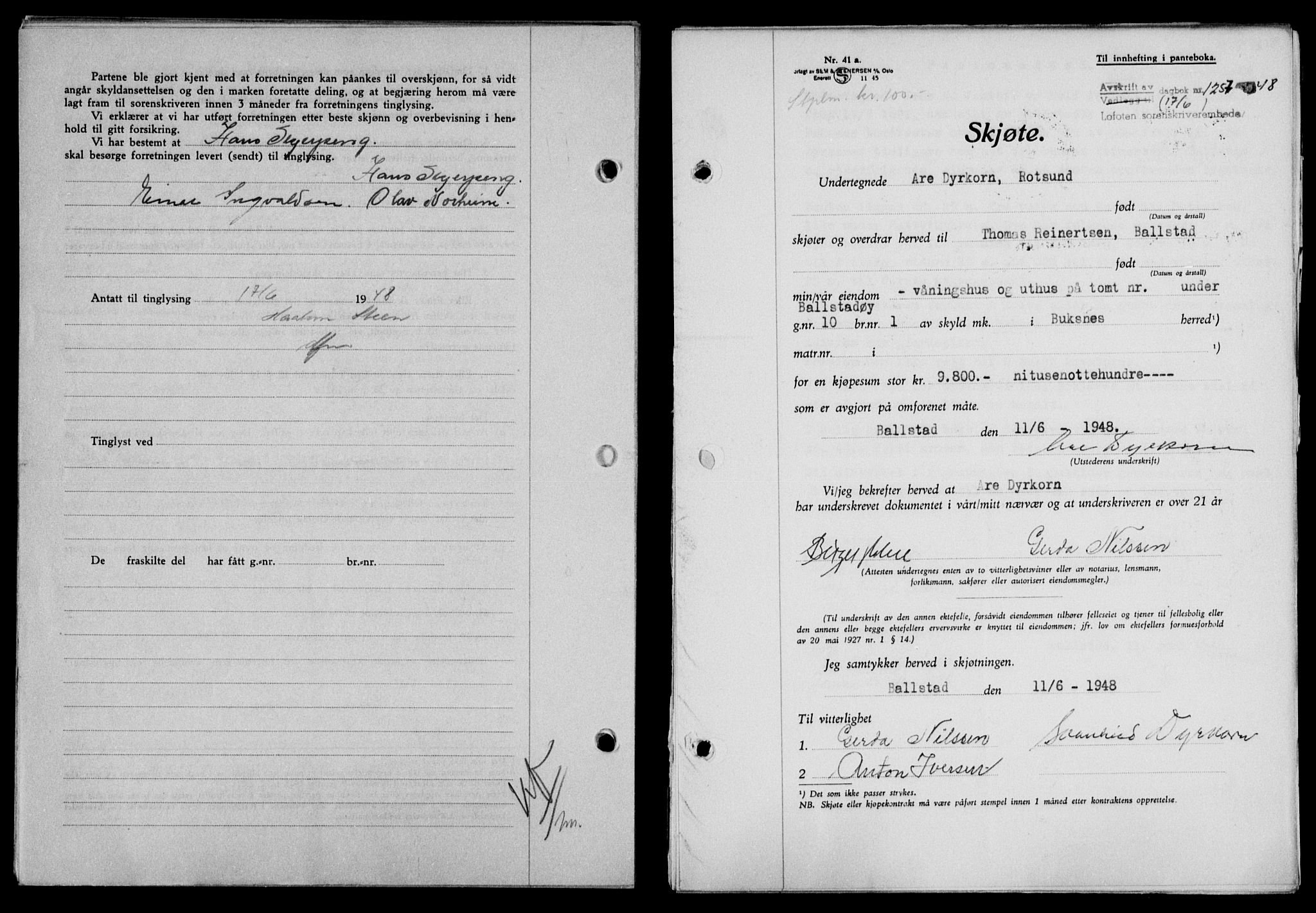 Lofoten sorenskriveri, SAT/A-0017/1/2/2C/L0018a: Mortgage book no. 18a, 1948-1948, Diary no: : 1257/1948