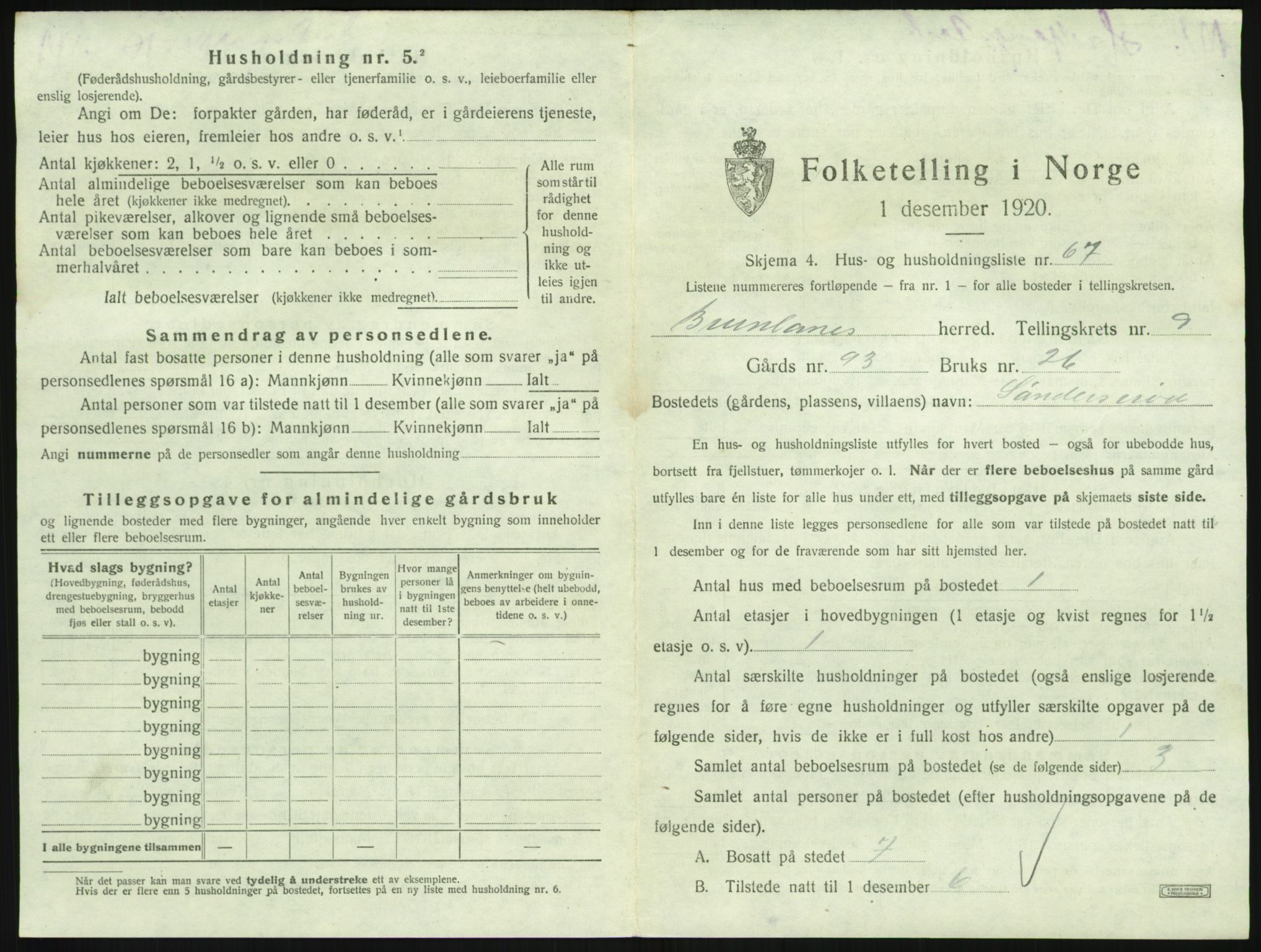 SAKO, 1920 census for Brunlanes, 1920, p. 1213
