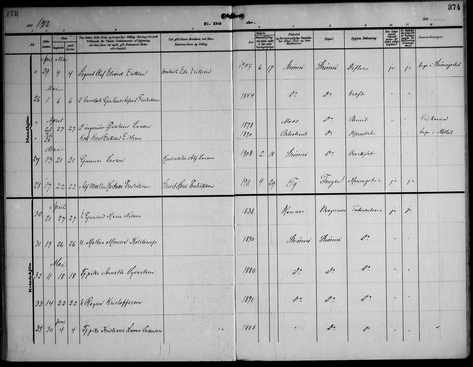 Strømsø kirkebøker, AV/SAKO-A-246/F/Fa/L0026: Parish register (official) no. I 26, 1905-1914, p. 374