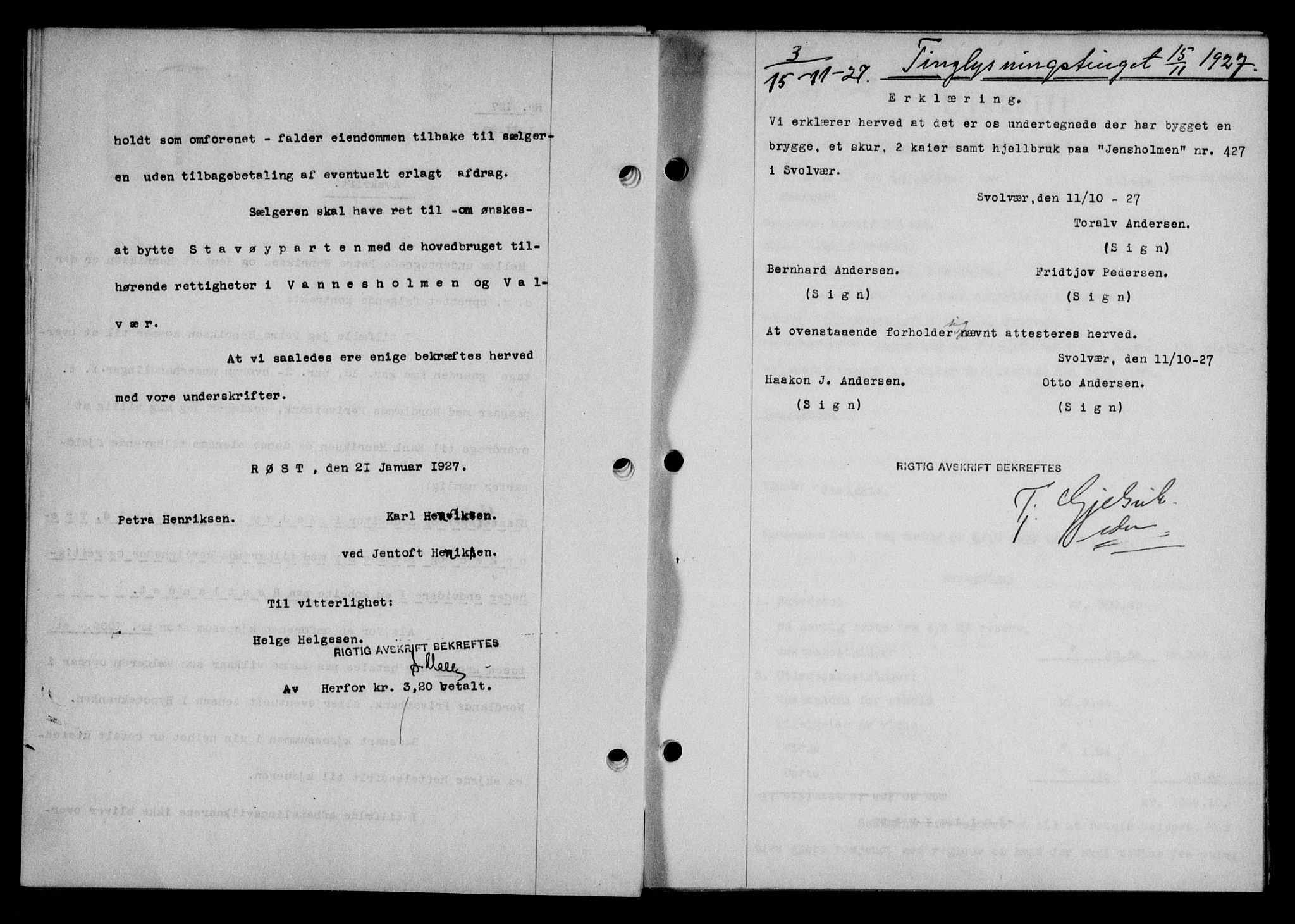 Lofoten sorenskriveri, SAT/A-0017/1/2/2C/L0016b: Mortgage book no. 16b, 1927-1927, Deed date: 15.11.1927
