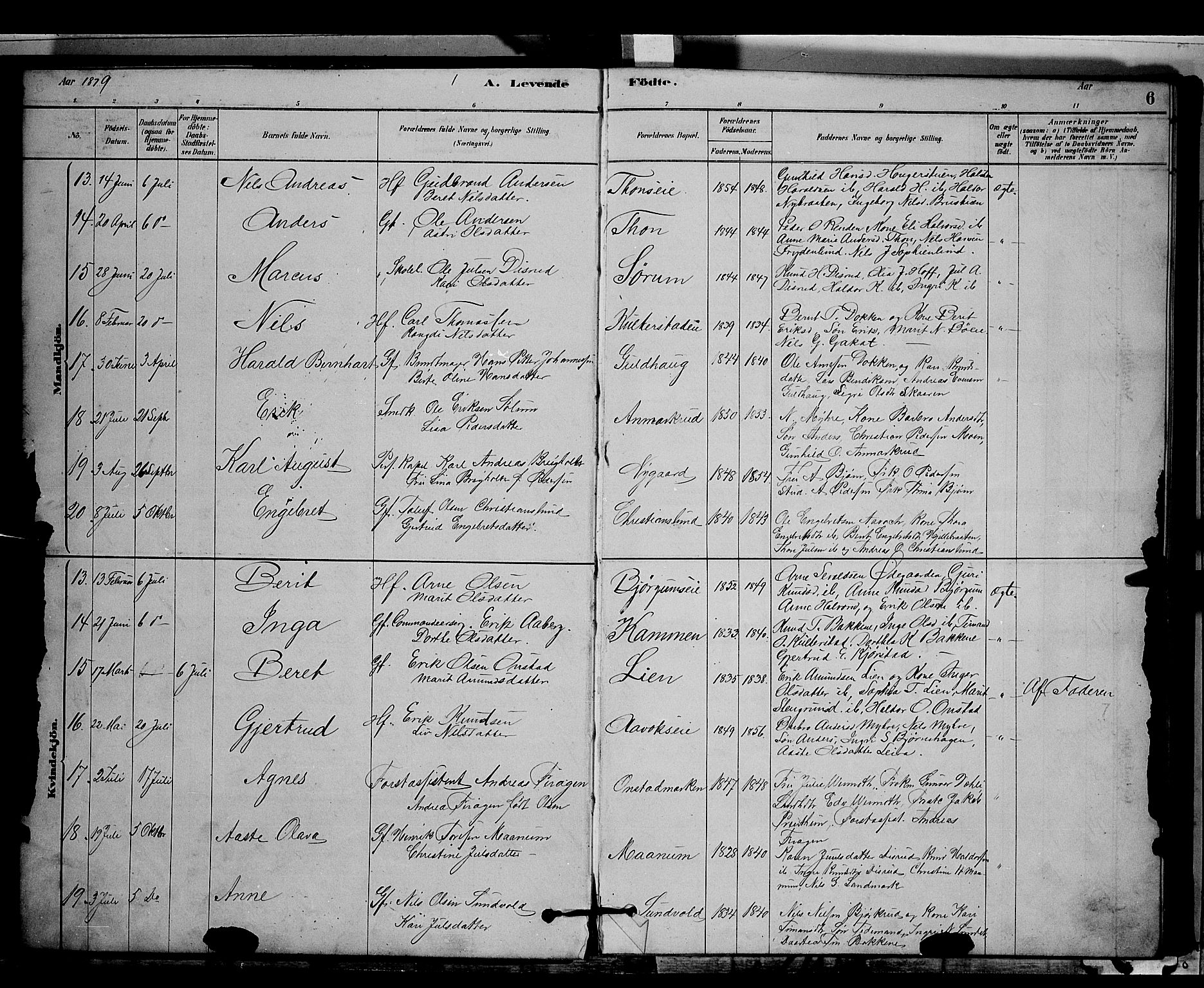 Nord-Aurdal prestekontor, SAH/PREST-132/H/Ha/Hab/L0006: Parish register (copy) no. 6, 1878-1892, p. 6