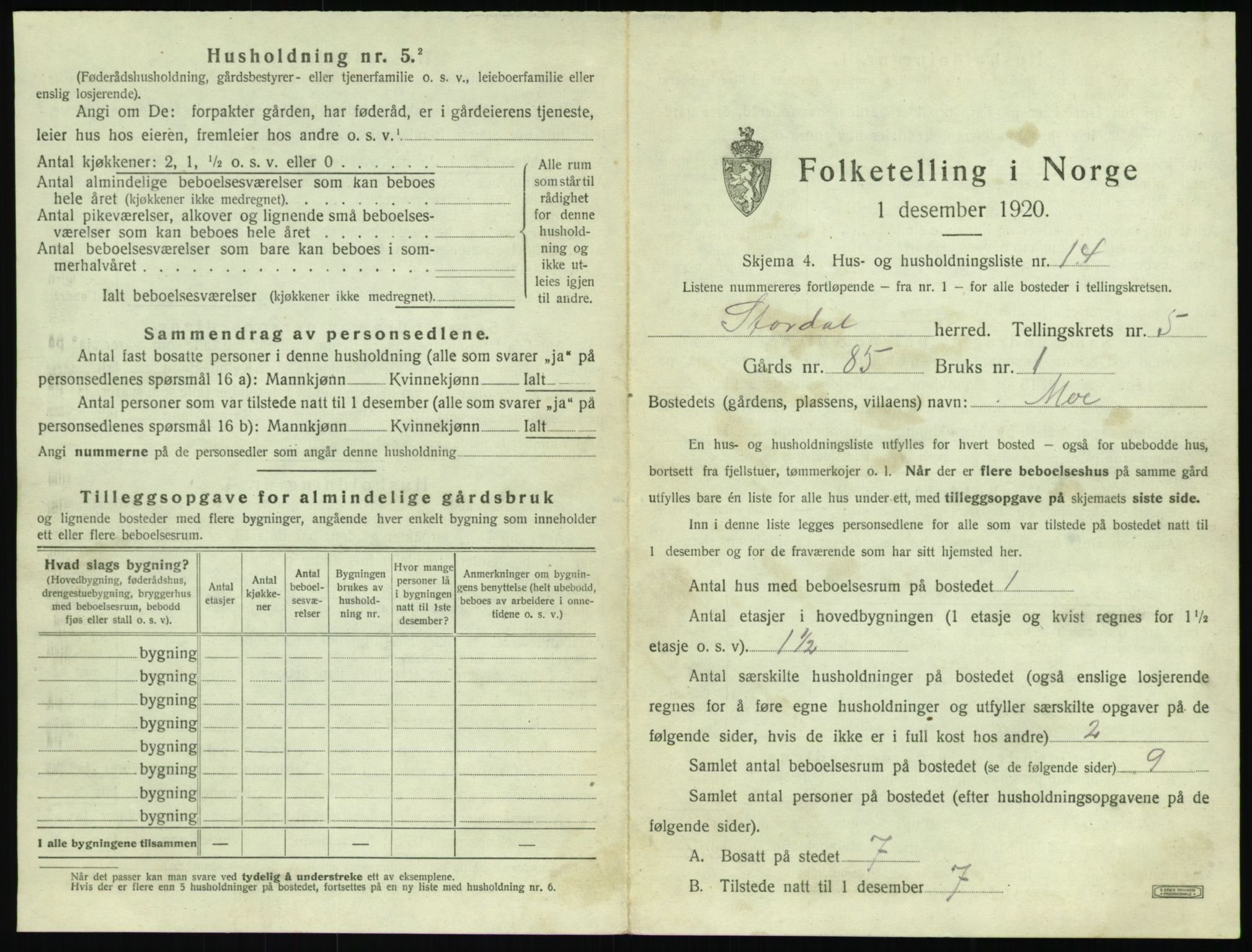 SAT, 1920 census for Stordal, 1920, p. 260