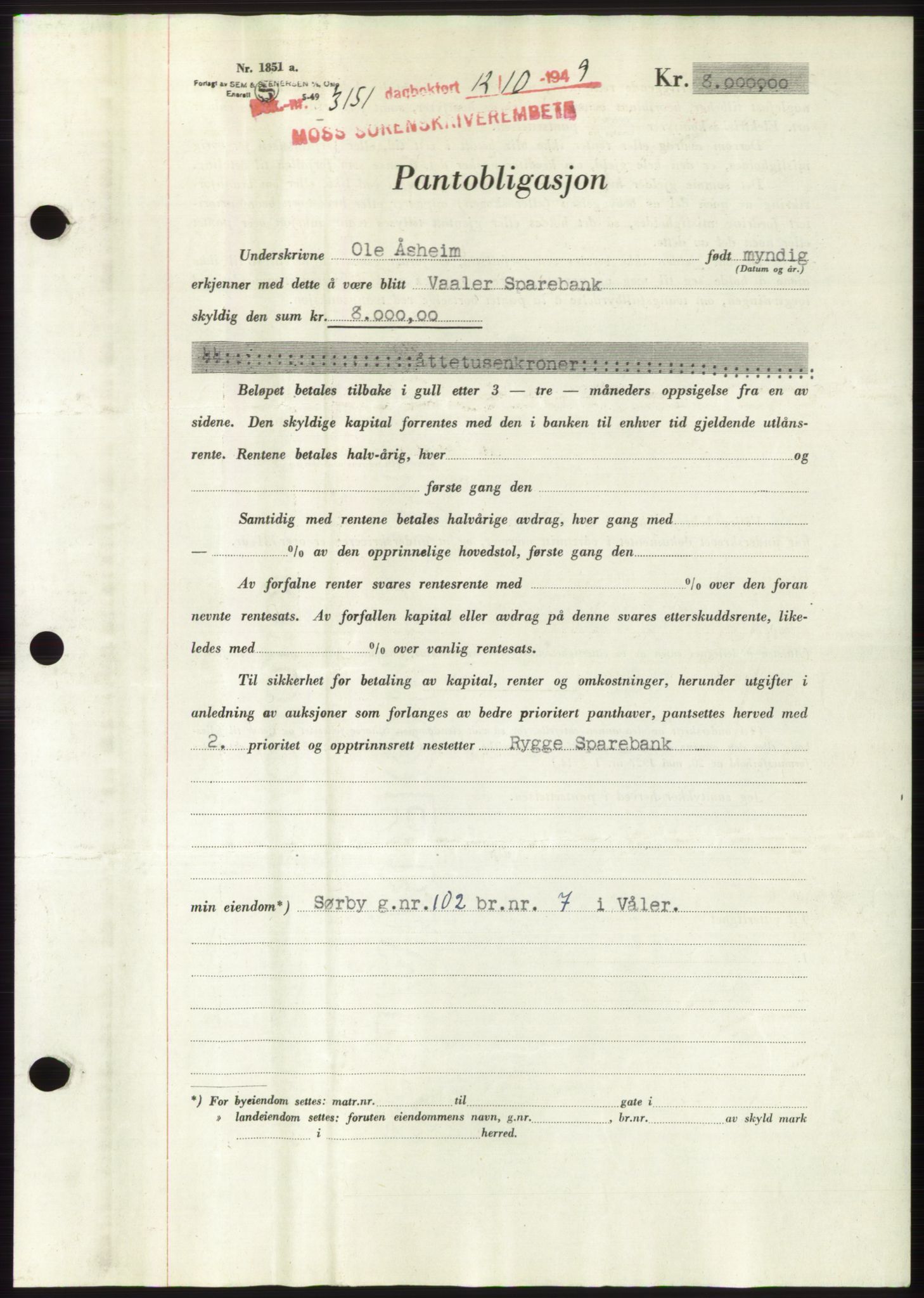 Moss sorenskriveri, SAO/A-10168: Mortgage book no. B23, 1949-1950, Diary no: : 3151/1949