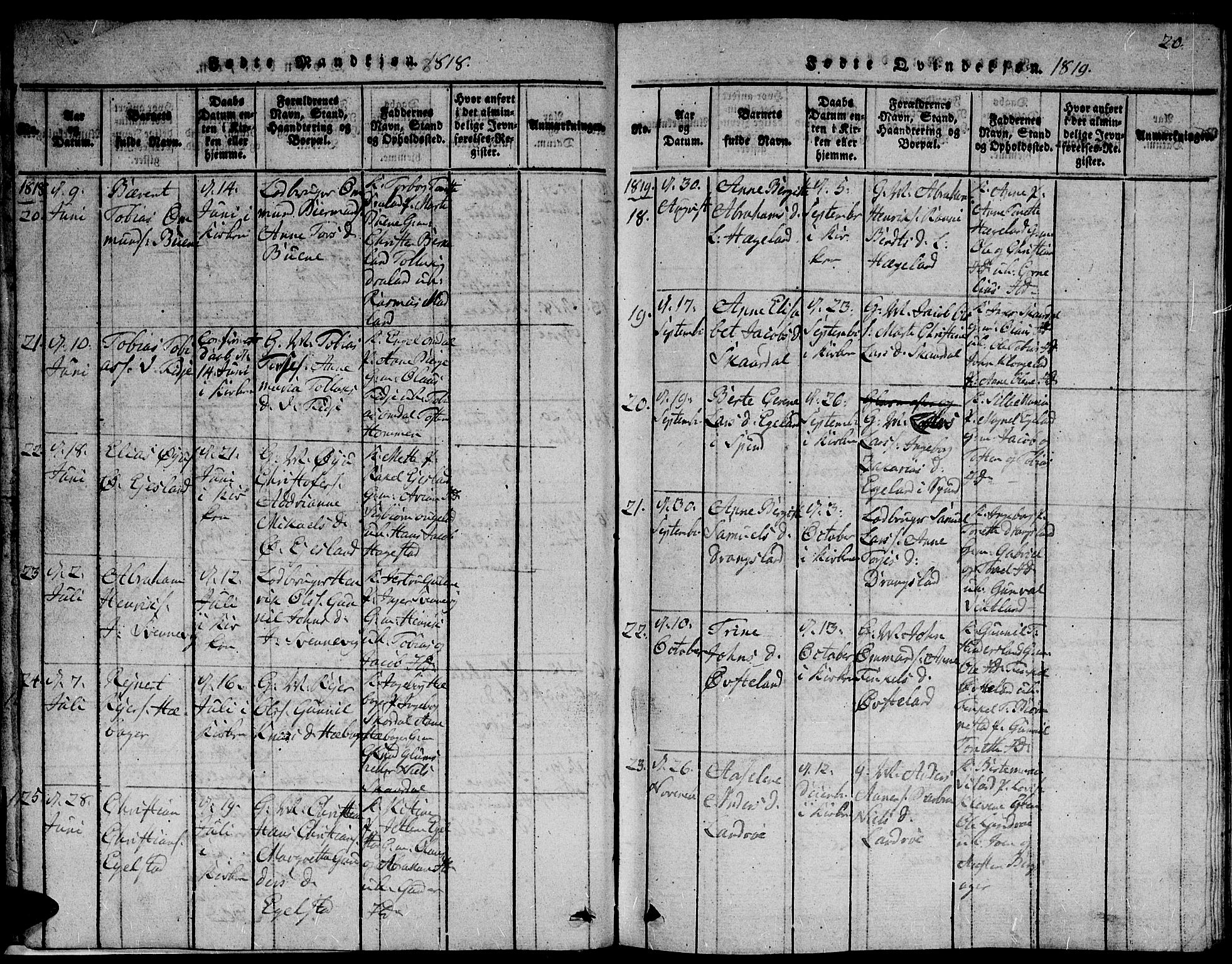 Lyngdal sokneprestkontor, AV/SAK-1111-0029/F/Fb/Fbc/L0001: Parish register (copy) no. B 1, 1815-1844, p. 20