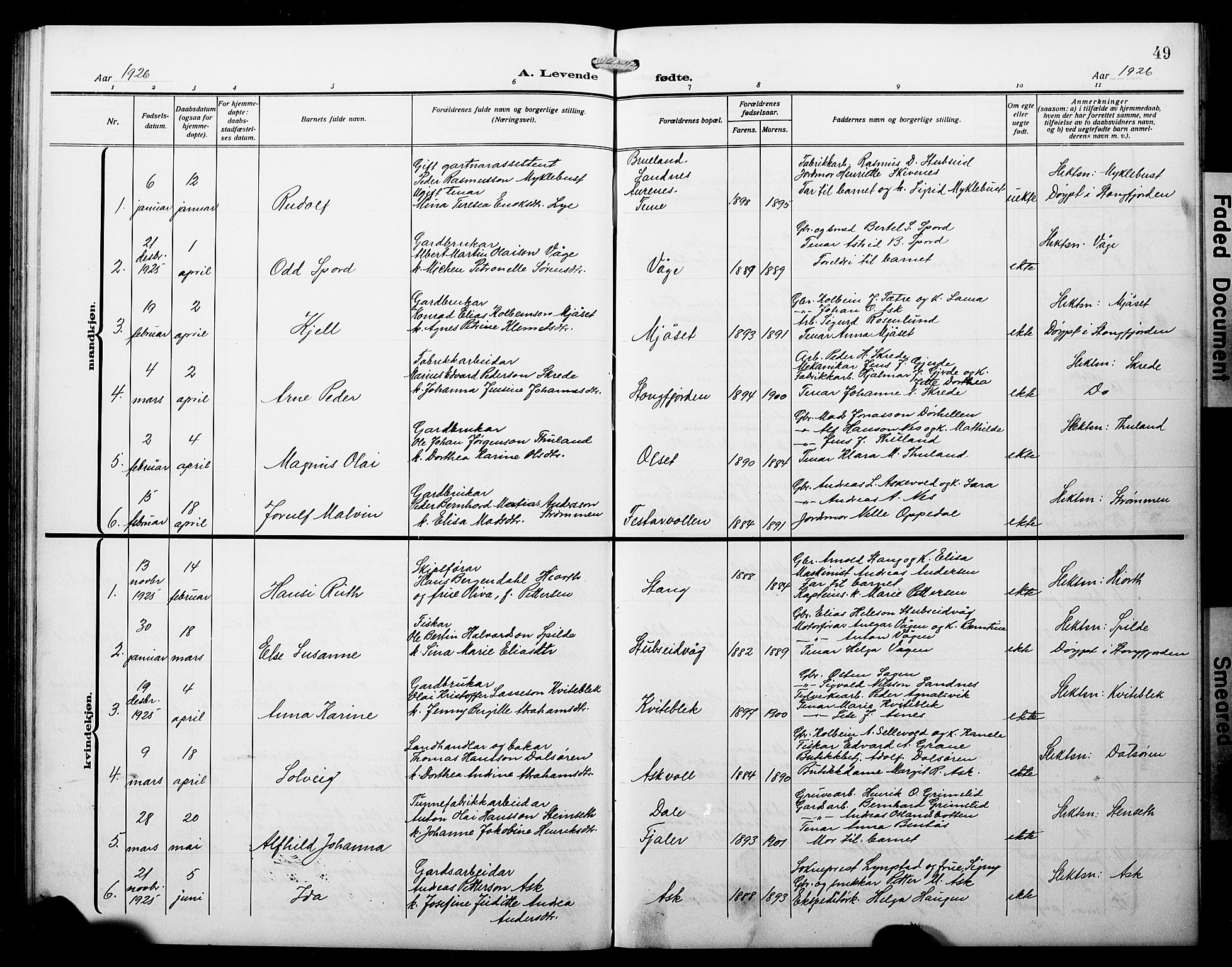 Askvoll sokneprestembete, SAB/A-79501/H/Hab/Haba/L0004: Parish register (copy) no. A 4, 1913-1929, p. 49