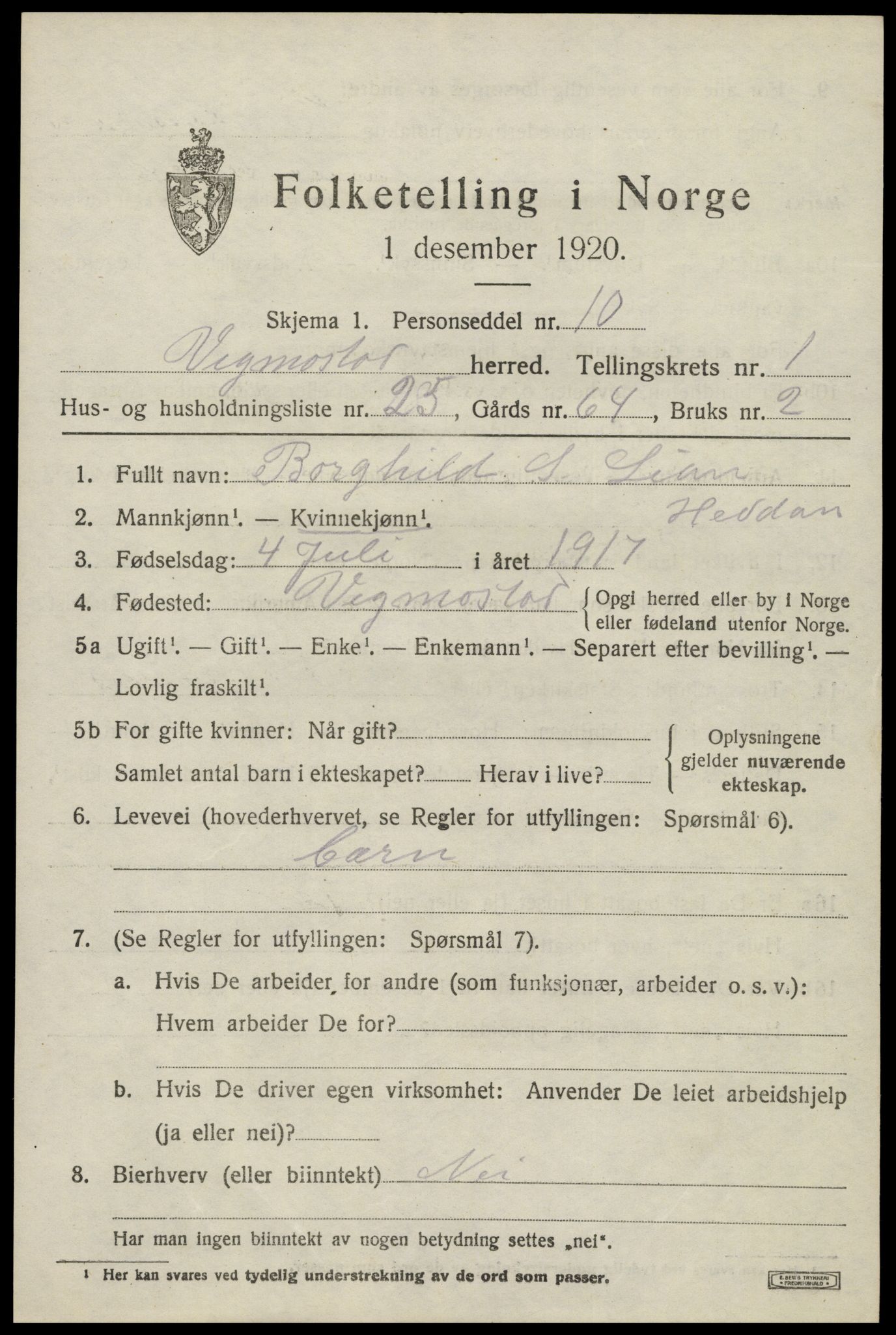 SAK, 1920 census for Vigmostad, 1920, p. 661