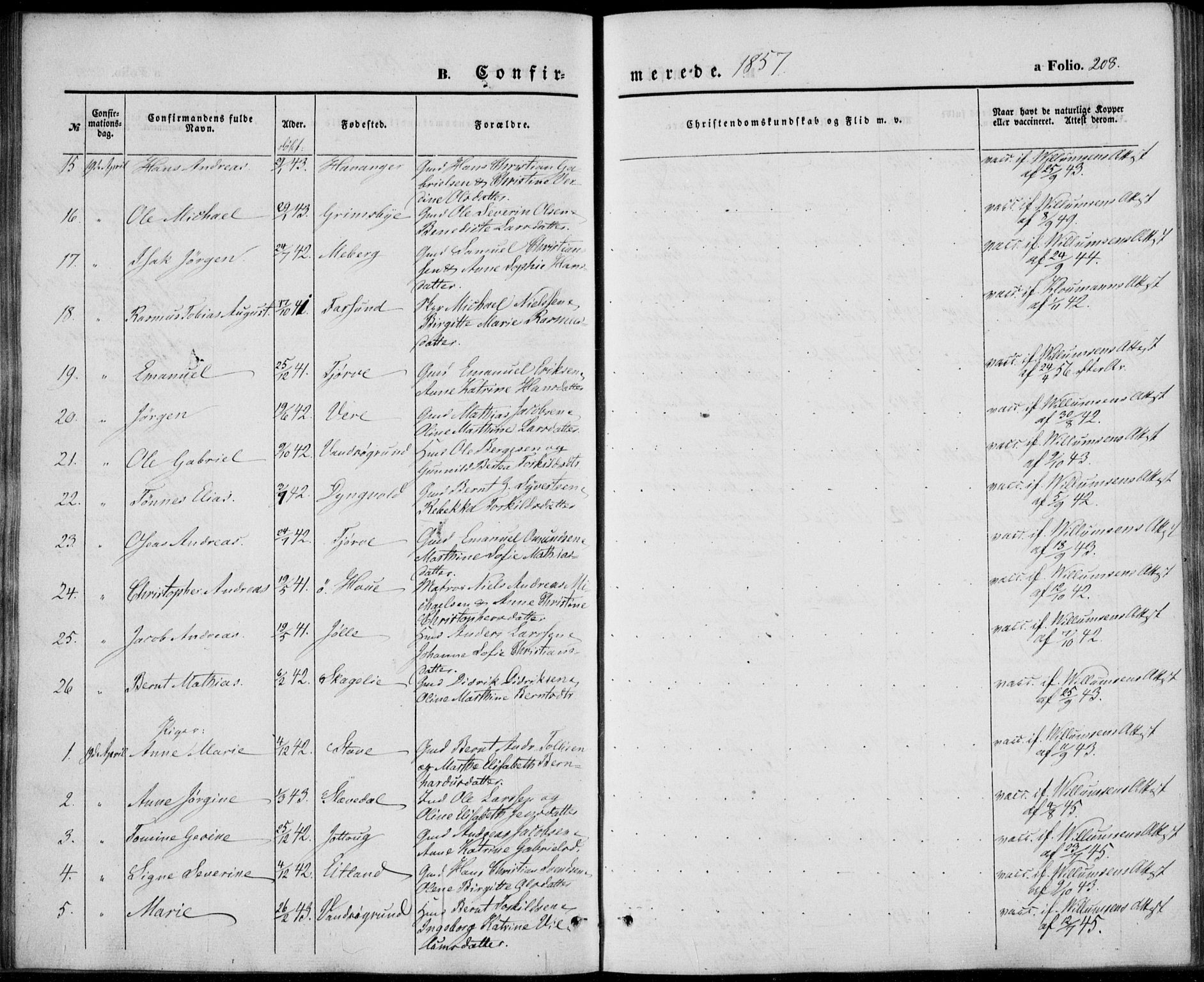 Lista sokneprestkontor, AV/SAK-1111-0027/F/Fb/L0002: Parish register (copy) no. B 2, 1847-1862, p. 208