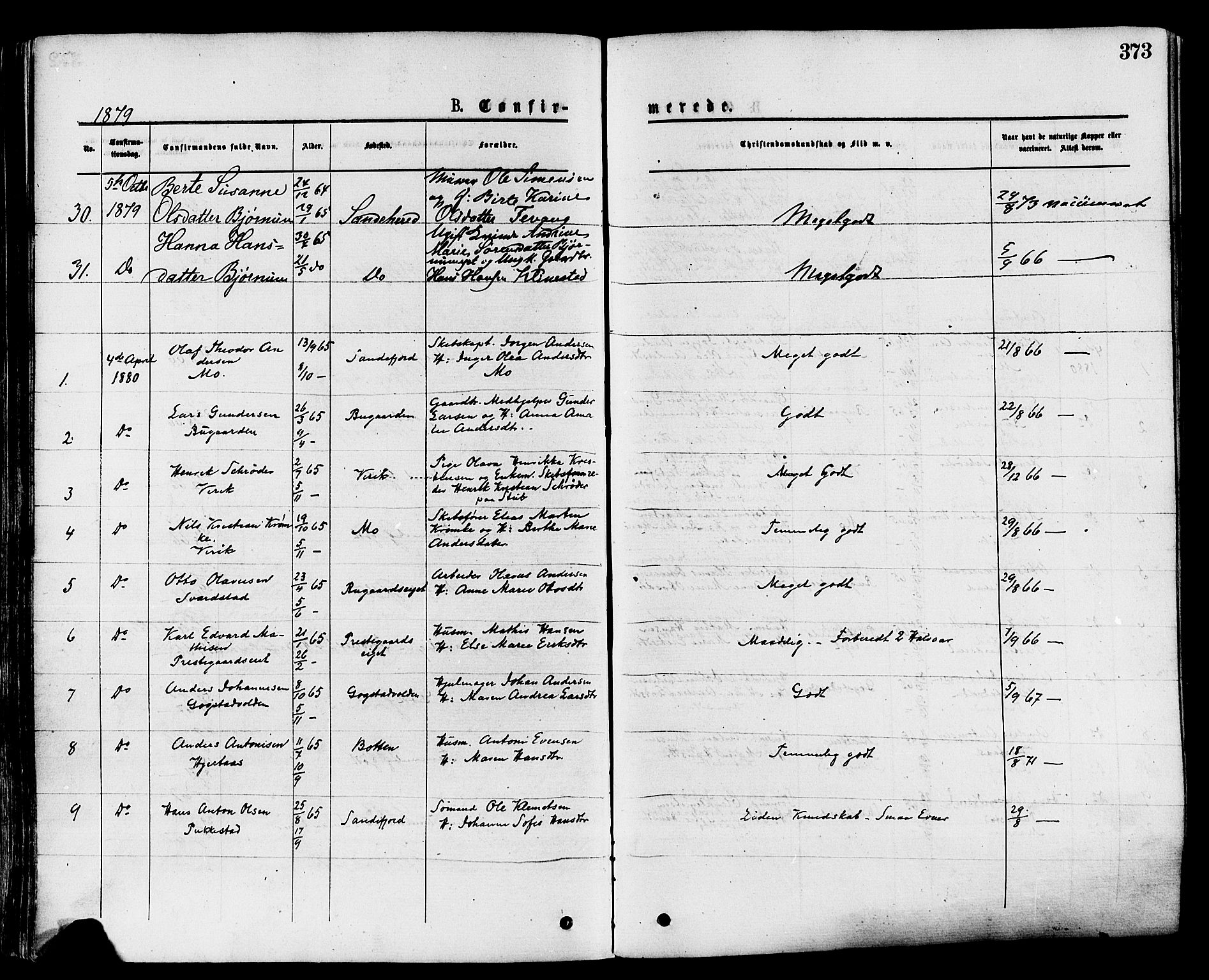 Sandar kirkebøker, SAKO/A-243/F/Fa/L0010: Parish register (official) no. 10, 1872-1882, p. 373