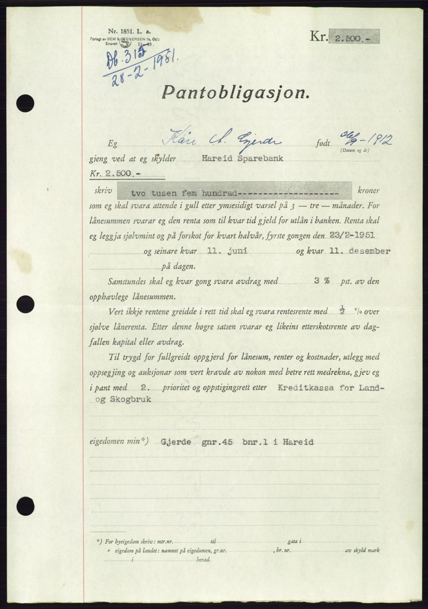 Søre Sunnmøre sorenskriveri, AV/SAT-A-4122/1/2/2C/L0119: Mortgage book no. 7B, 1950-1951, Diary no: : 315/1951