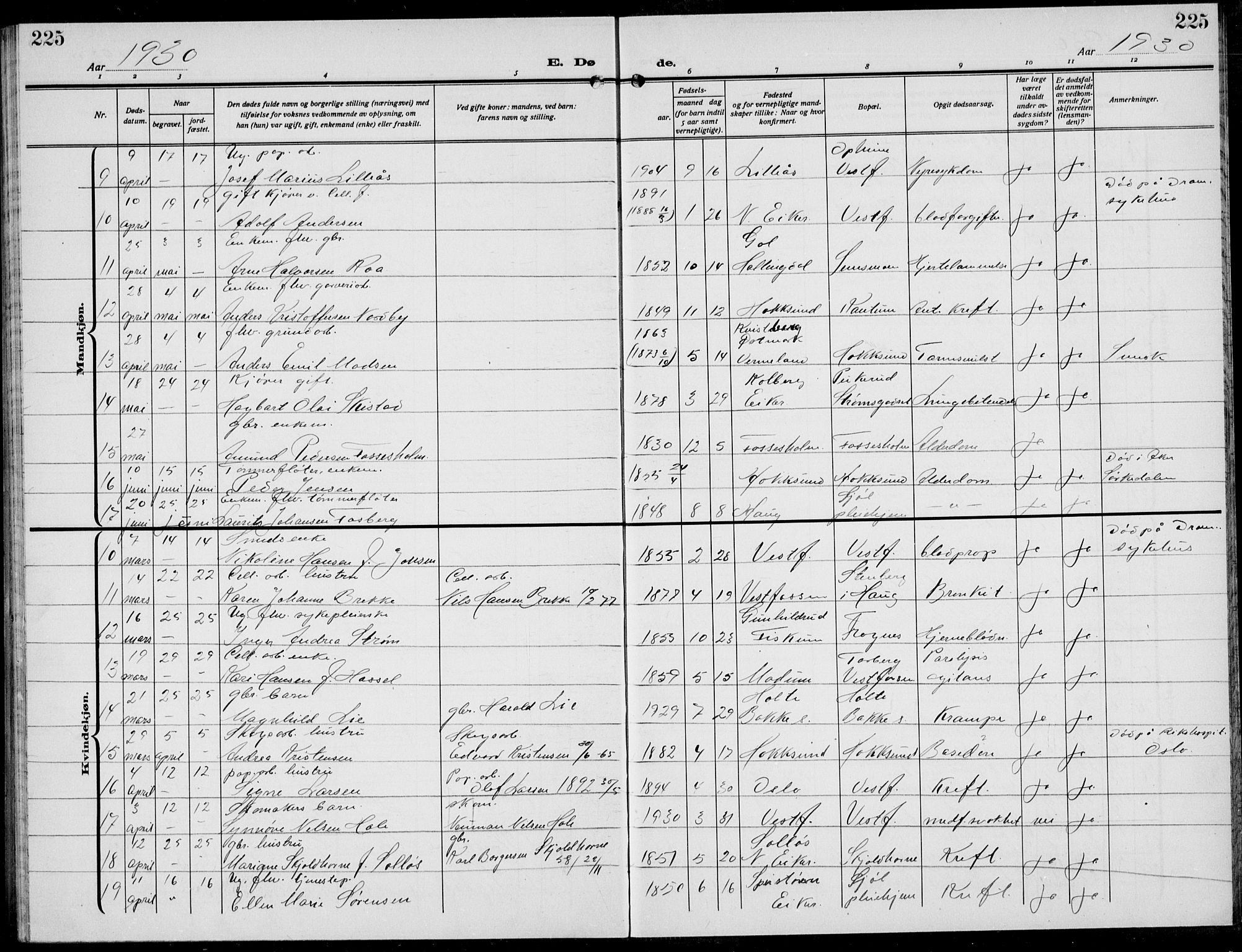 Eiker kirkebøker, AV/SAKO-A-4/G/Ga/L0010: Parish register (copy) no. I 10, 1925-1934, p. 225