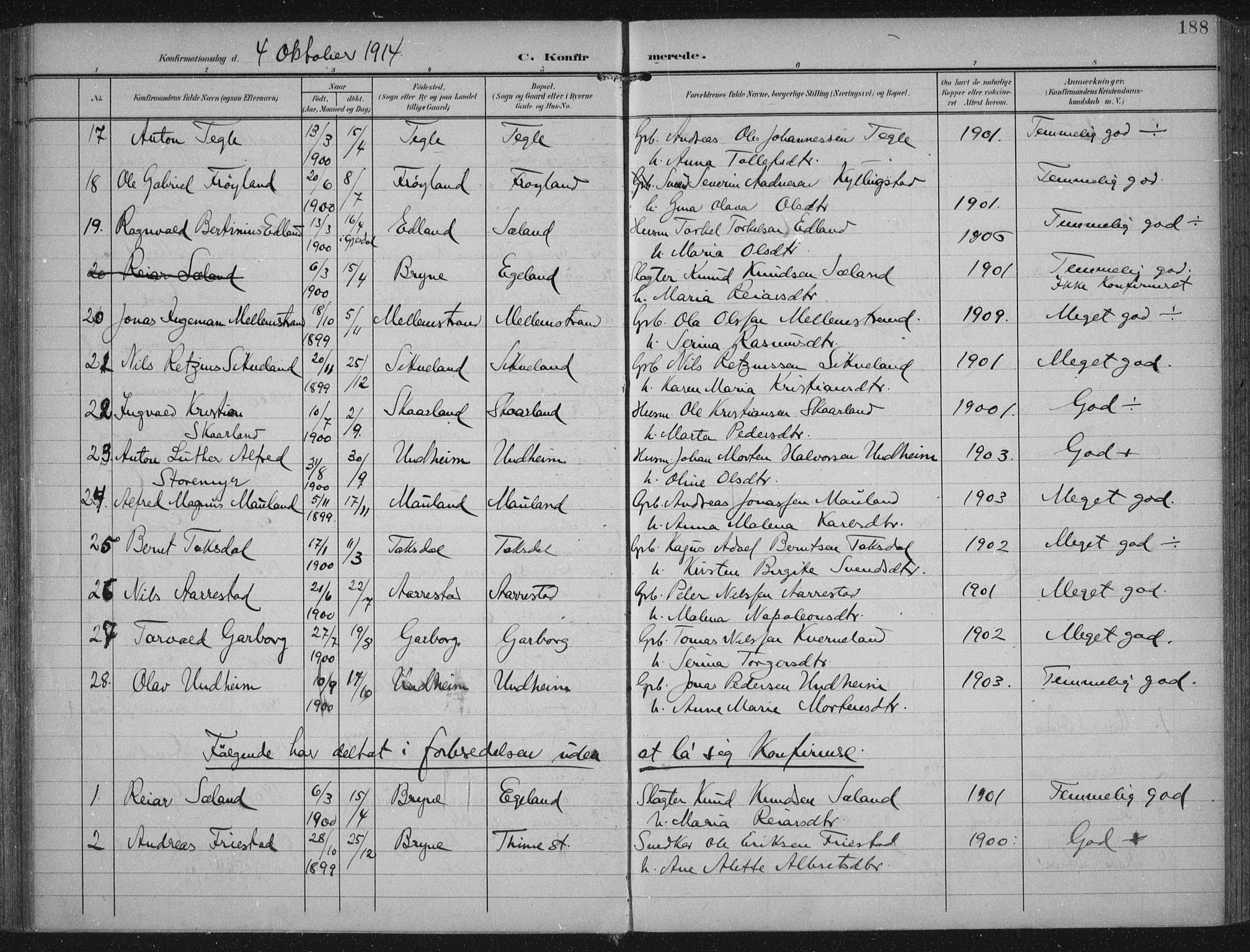 Lye sokneprestkontor, AV/SAST-A-101794/002/A/L0001: Parish register (official) no. A 12, 1904-1920, p. 188