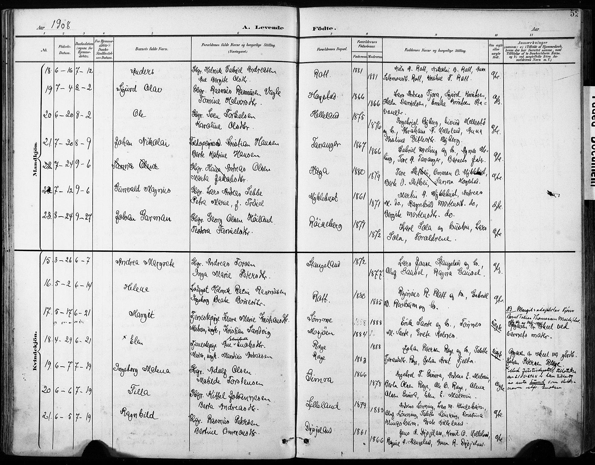 Håland sokneprestkontor, AV/SAST-A-101802/001/30BA/L0013: Parish register (official) no. A 12, 1901-1913, p. 52