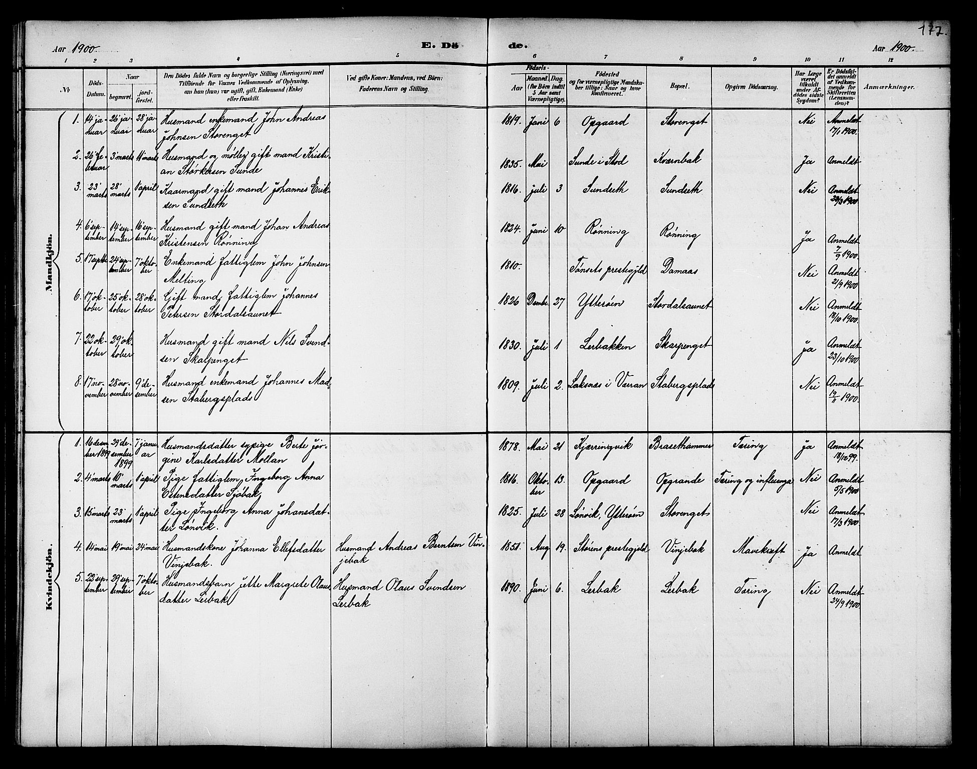 Ministerialprotokoller, klokkerbøker og fødselsregistre - Nord-Trøndelag, SAT/A-1458/733/L0327: Parish register (copy) no. 733C02, 1888-1918, p. 172