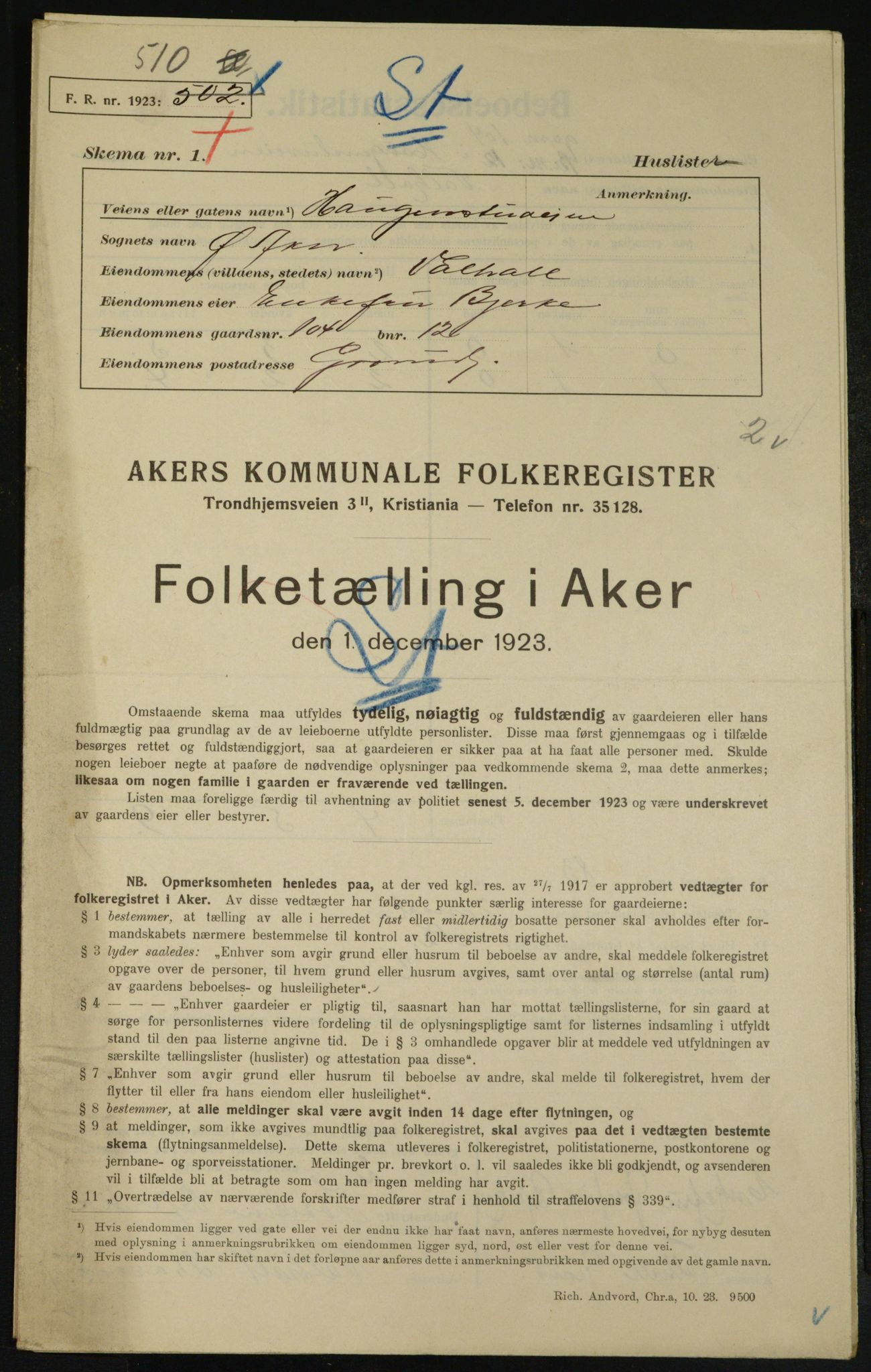 , Municipal Census 1923 for Aker, 1923, p. 25722