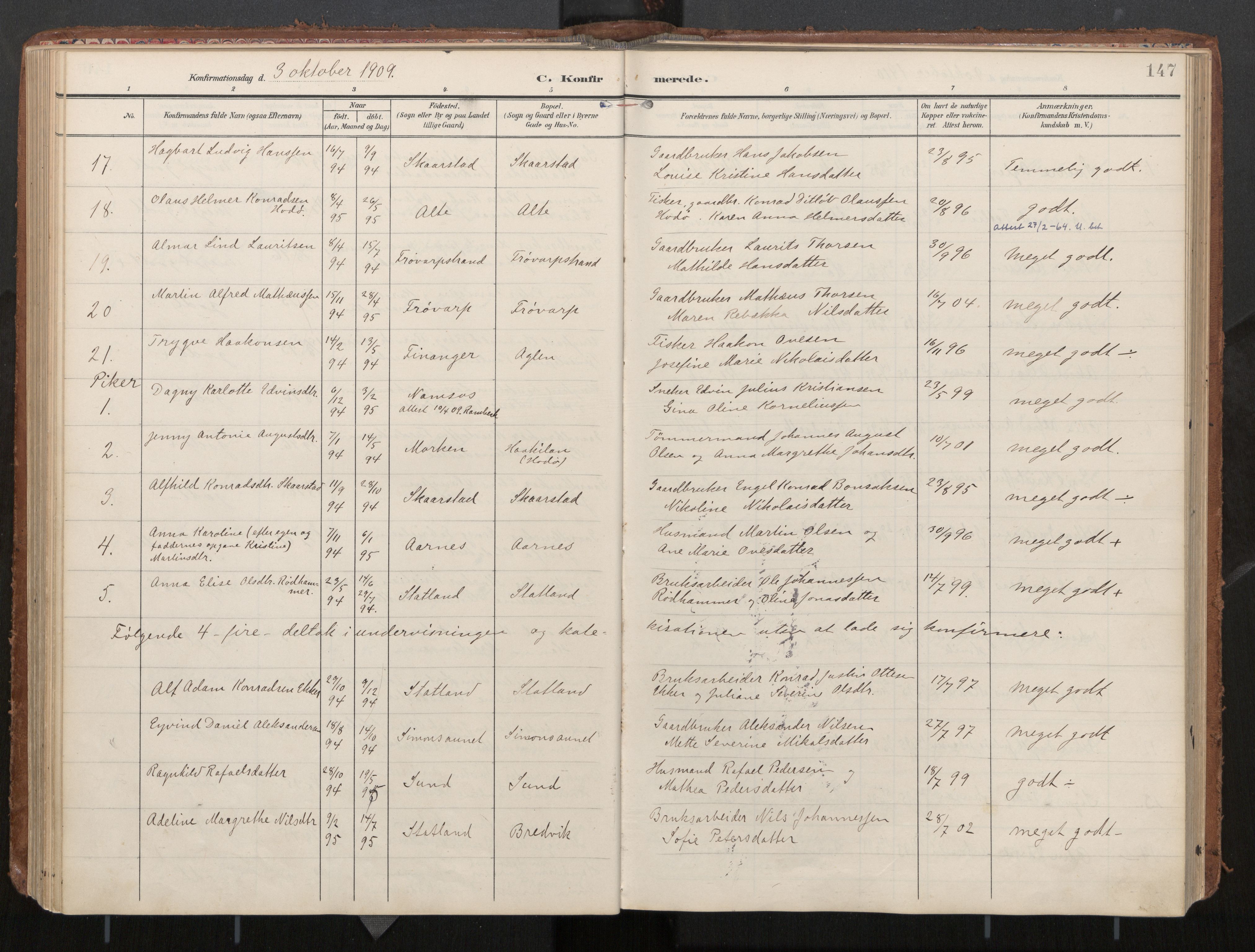 Ministerialprotokoller, klokkerbøker og fødselsregistre - Nord-Trøndelag, SAT/A-1458/774/L0629: Parish register (official), 1904-1926, p. 147