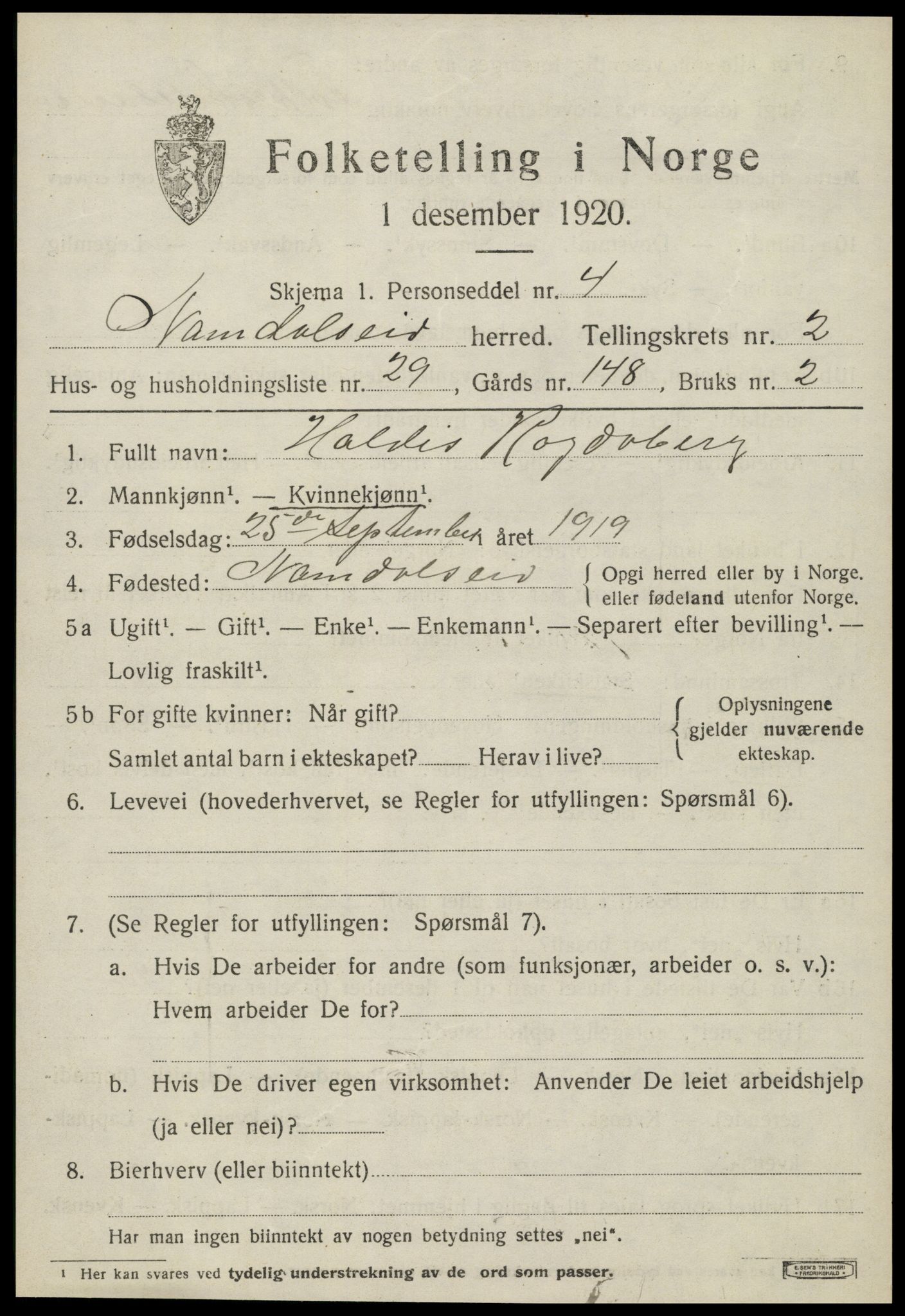 SAT, 1920 census for Namdalseid, 1920, p. 1640