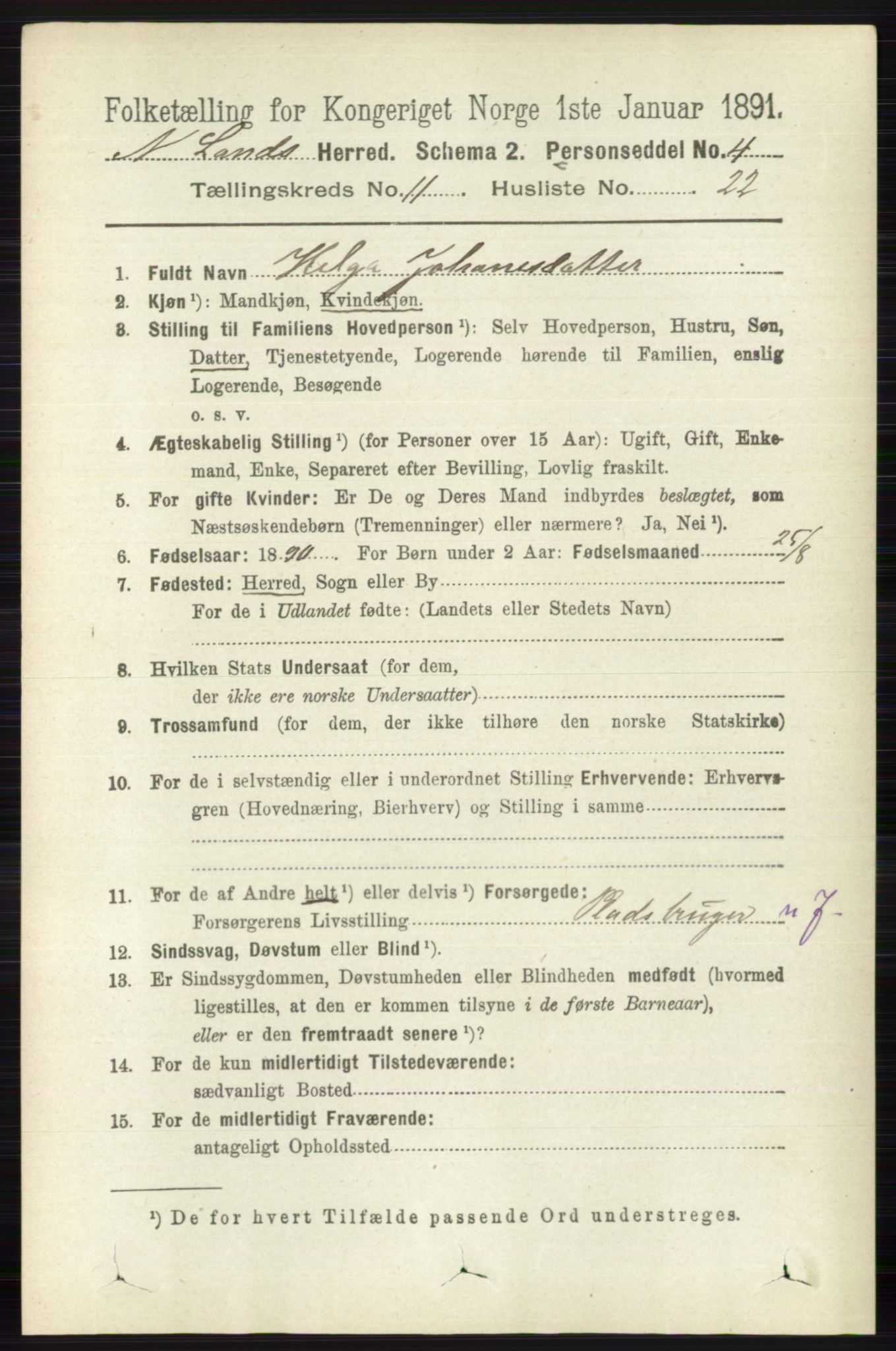 RA, 1891 census for 0538 Nordre Land, 1891, p. 3152