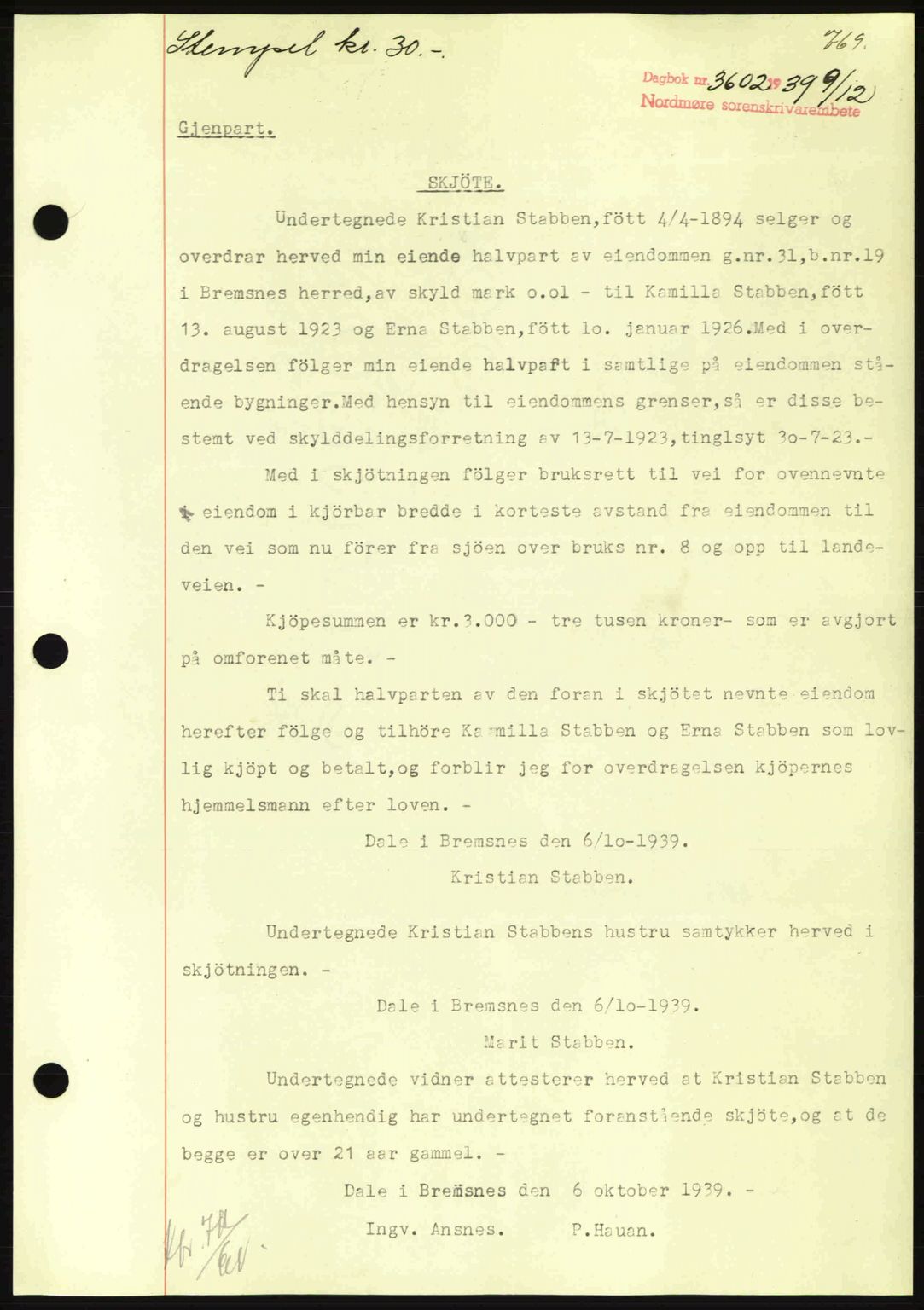 Nordmøre sorenskriveri, AV/SAT-A-4132/1/2/2Ca: Mortgage book no. A87, 1939-1940, Diary no: : 3602/1939