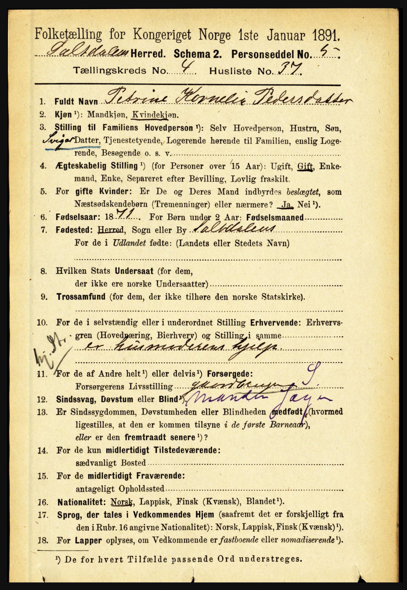 RA, 1891 census for 1840 Saltdal, 1891, p. 2576